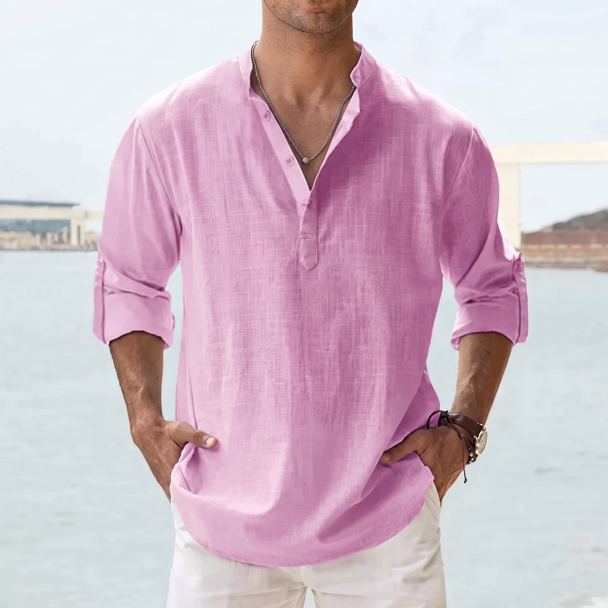 Arthur – Men's Summer Grandad Collar Long Sleeve Shirt - Shirts - Pink - Davies & Cooper