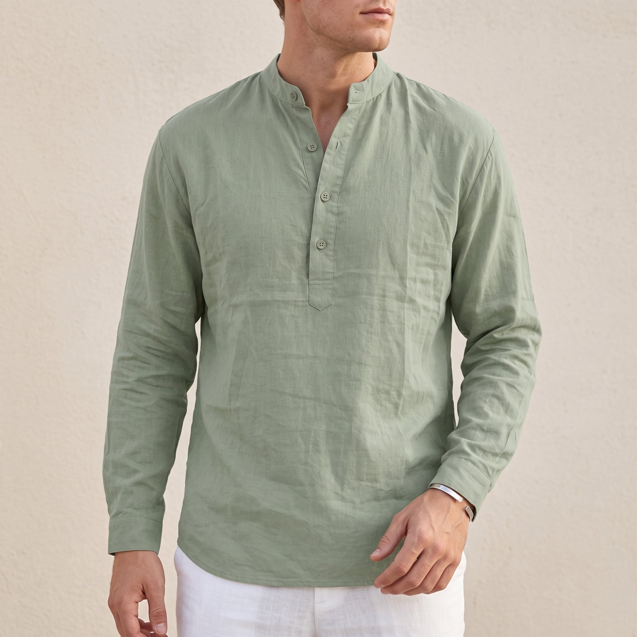 Arthur – Men's Summer Grandad Collar Placket Shirt - Shirts - Light Green - Davies & Cooper