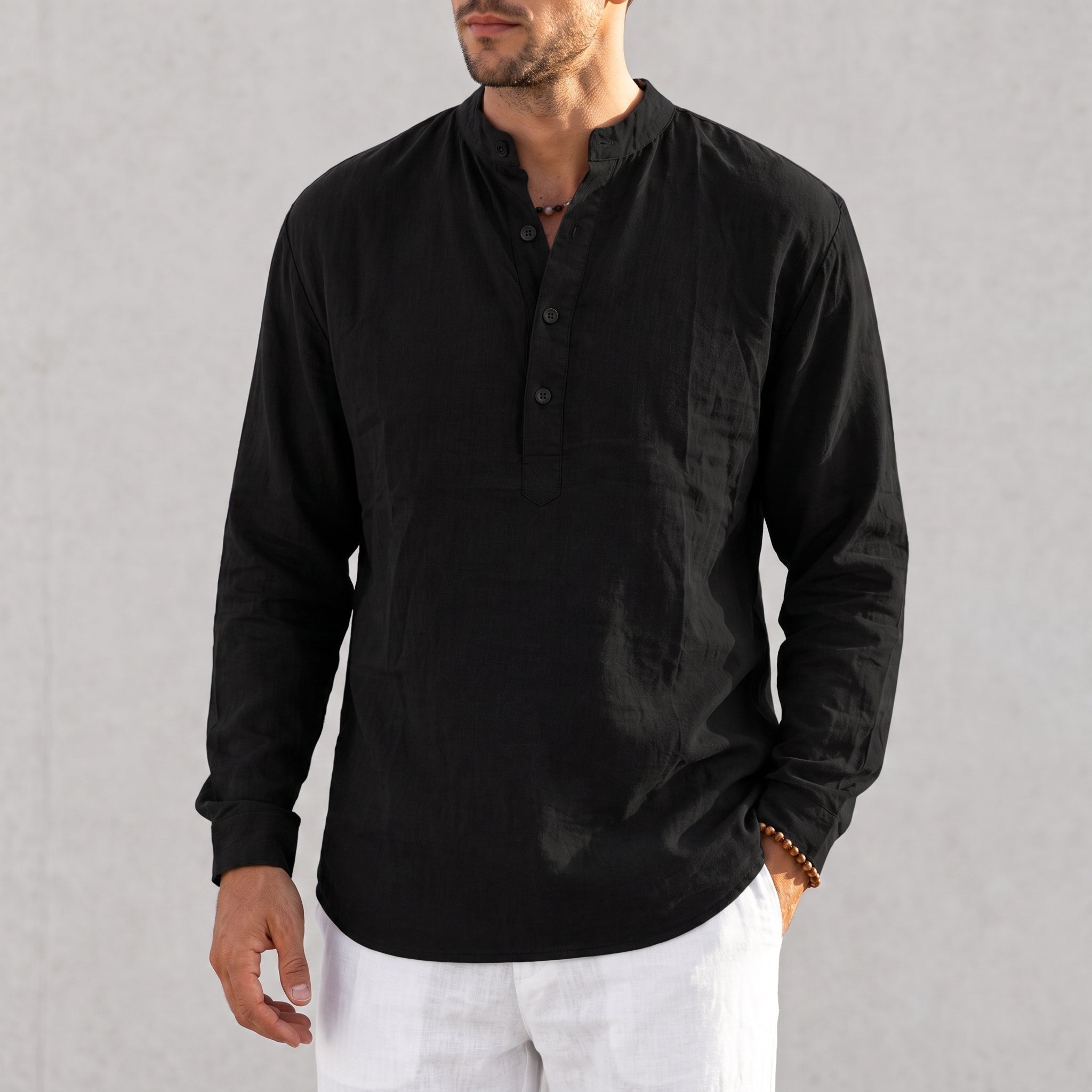 Arthur – Men's Summer Grandad Collar Placket Shirt - Shirts - Black - Davies & Cooper