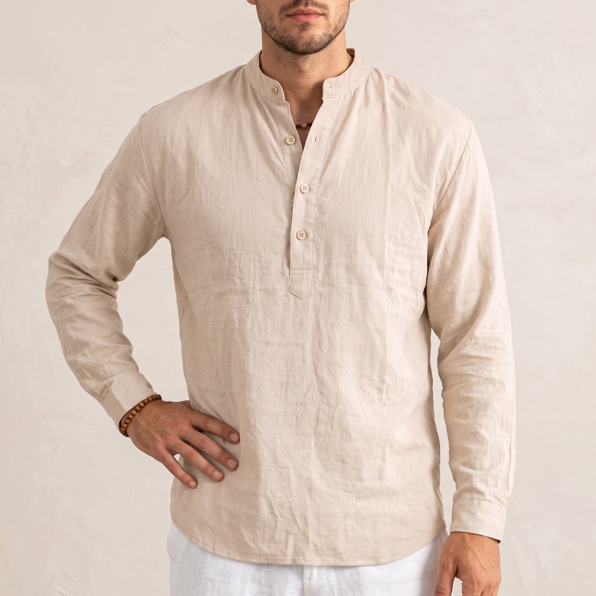 Arthur – Men's Summer Grandad Collar Placket Shirt - Shirts - Beige - Davies & Cooper