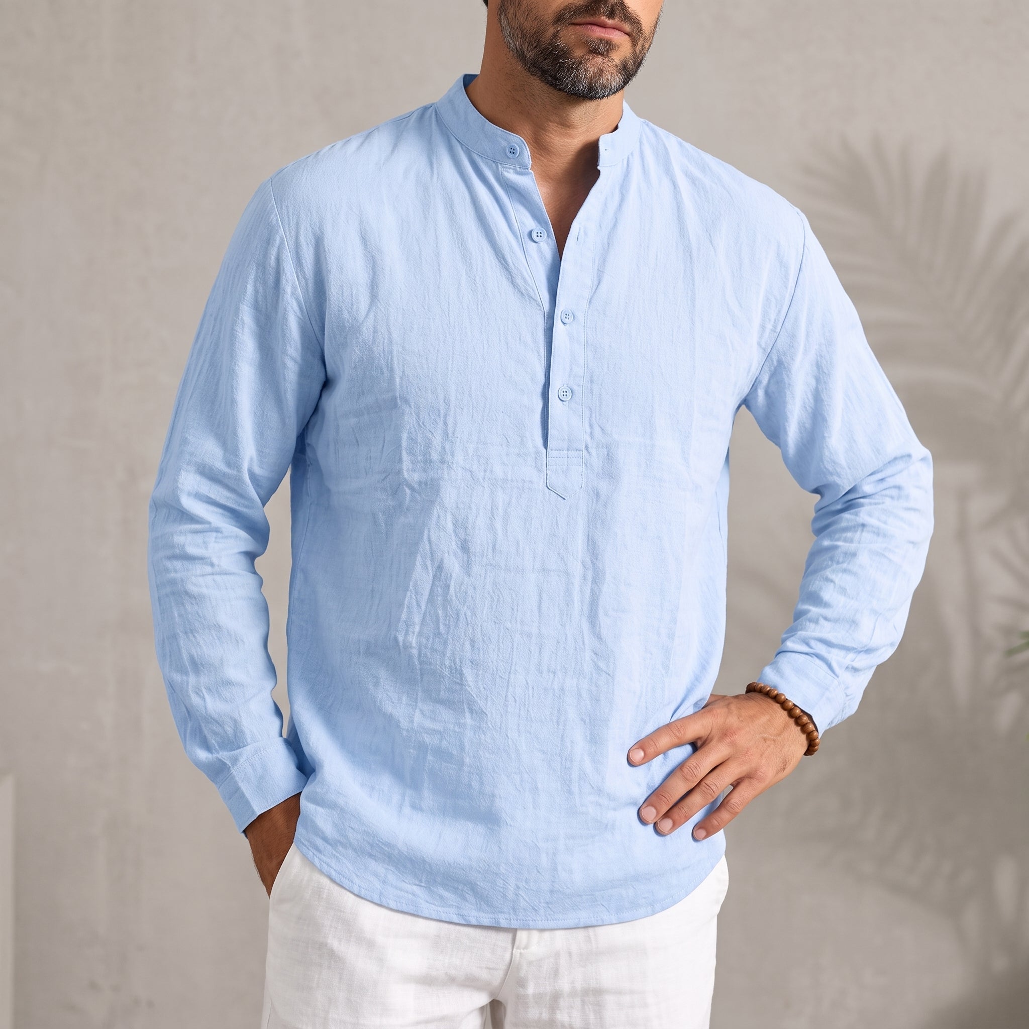 Arthur – Men's Summer Grandad Collar Placket Shirt - Shirts - Light Blue - Davies & Cooper