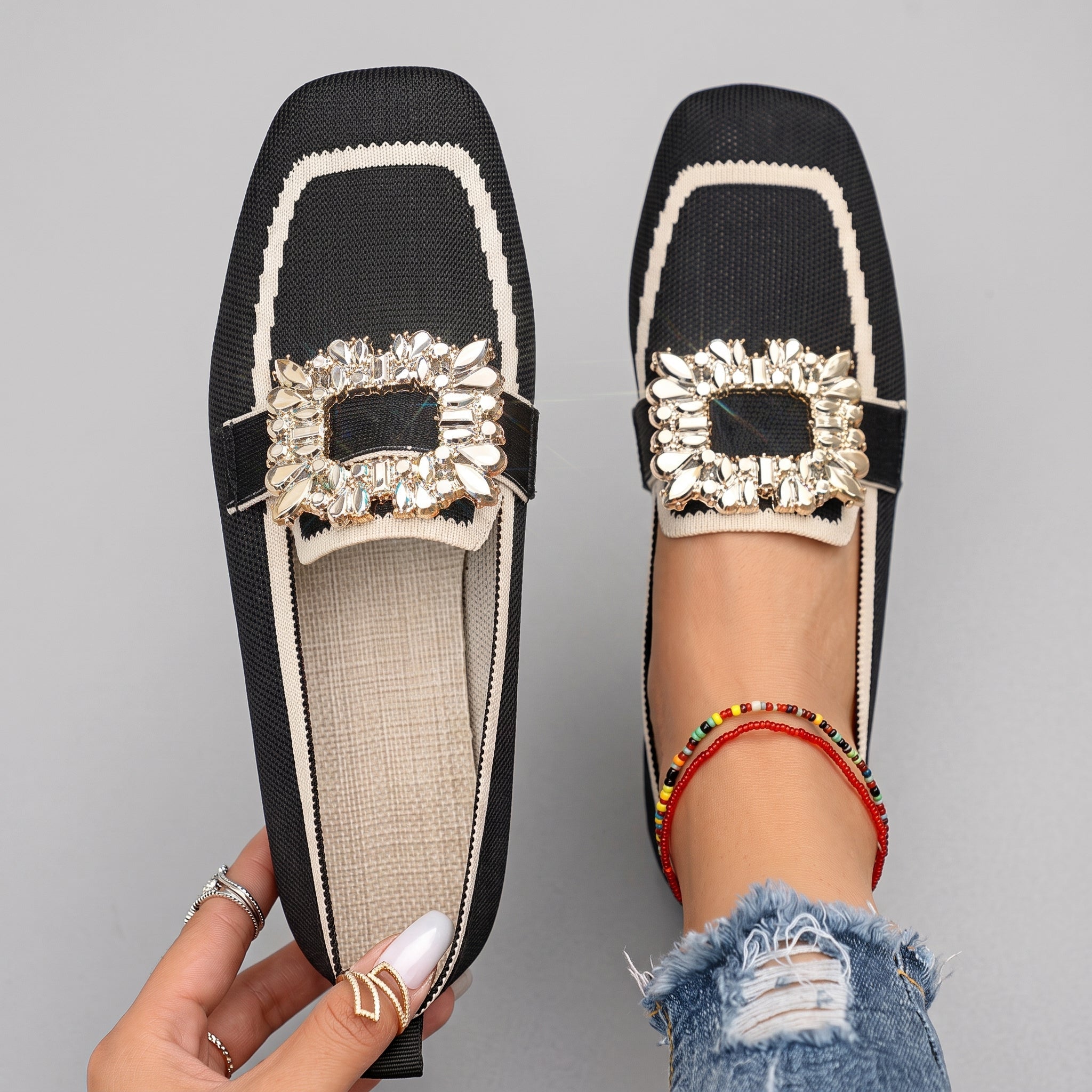 Barrett - Women's Embellished Square Toe Flat Loafers - Loafers - Black - Davies & Cooper