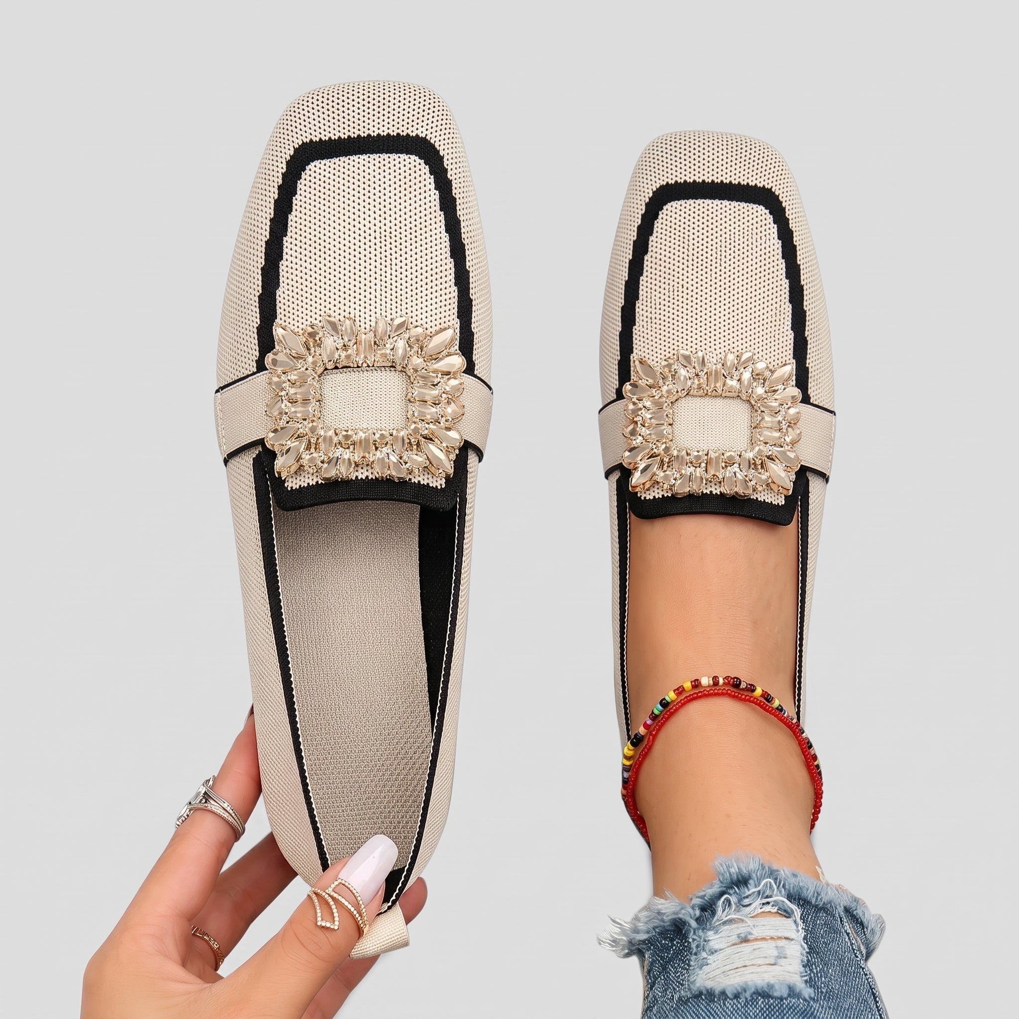 Barrett - Women's Embellished Square Toe Flat Loafers - Loafers - Beige - Davies & Cooper