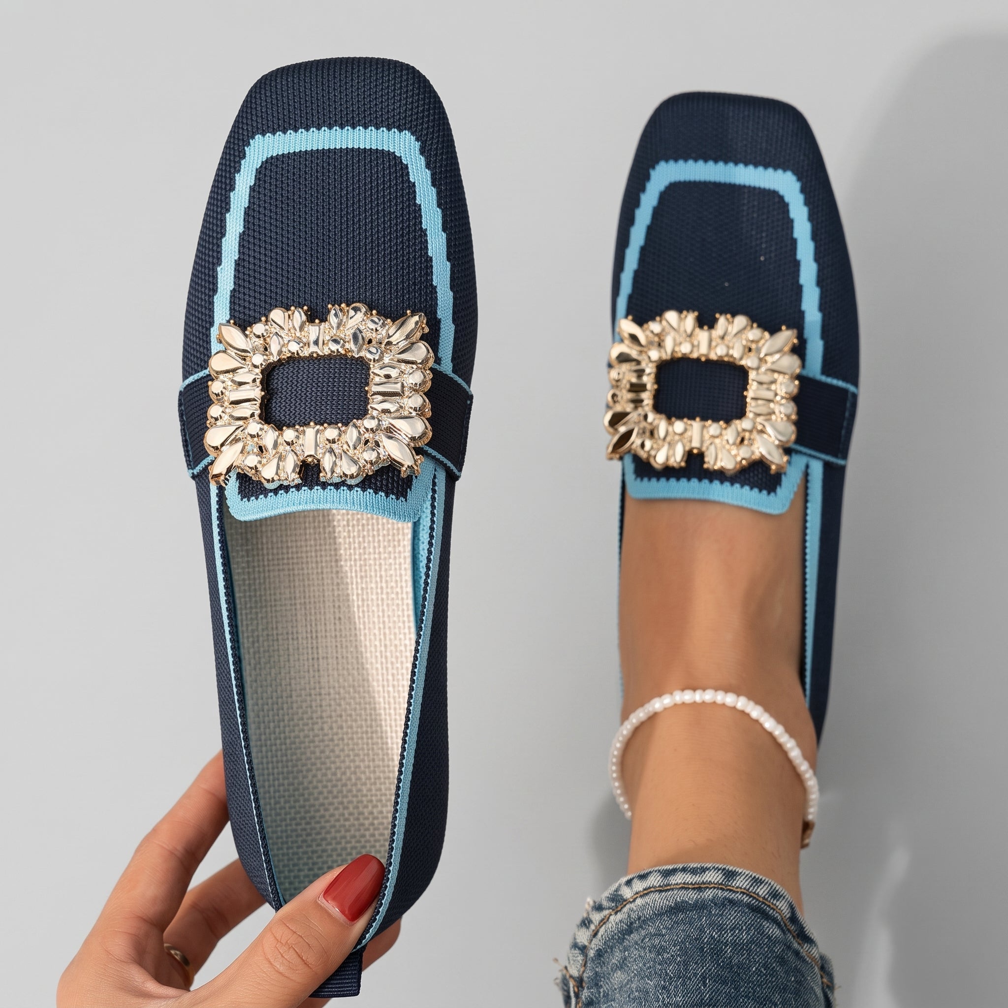 Barrett - Women's Embellished Square Toe Flat Loafers - Loafers - Blue - Davies & Cooper