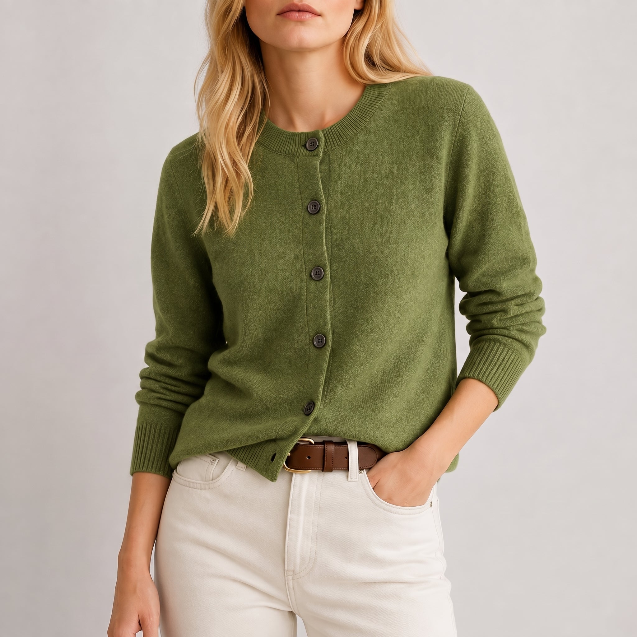 Beatrice - Women's Button-Front Round Neck Cardigan - Cardigans - Green - Davies & Cooper