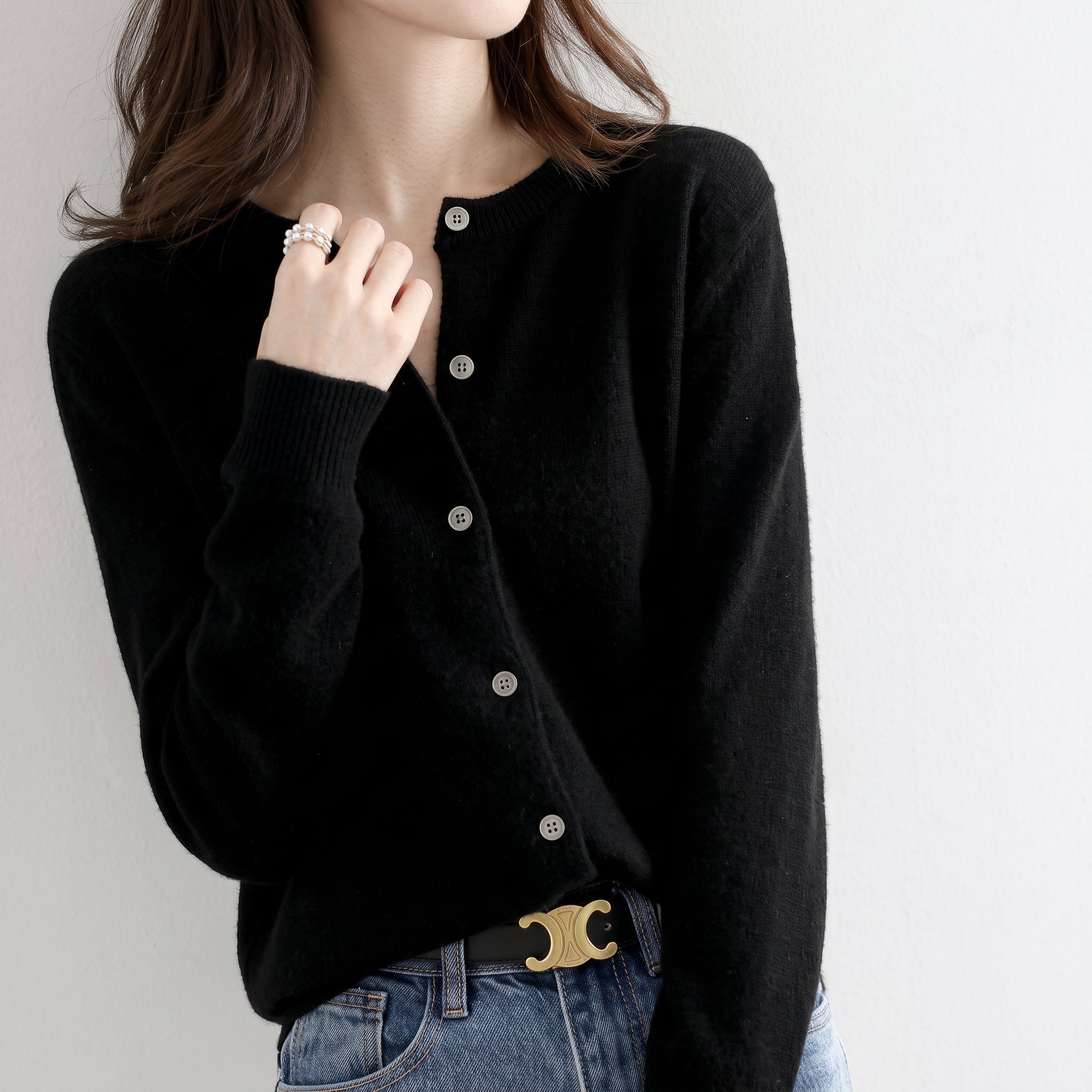 Beatrice - Women's Button-Front Round Neck Cardigan - Cardigans - Black - Davies & Cooper