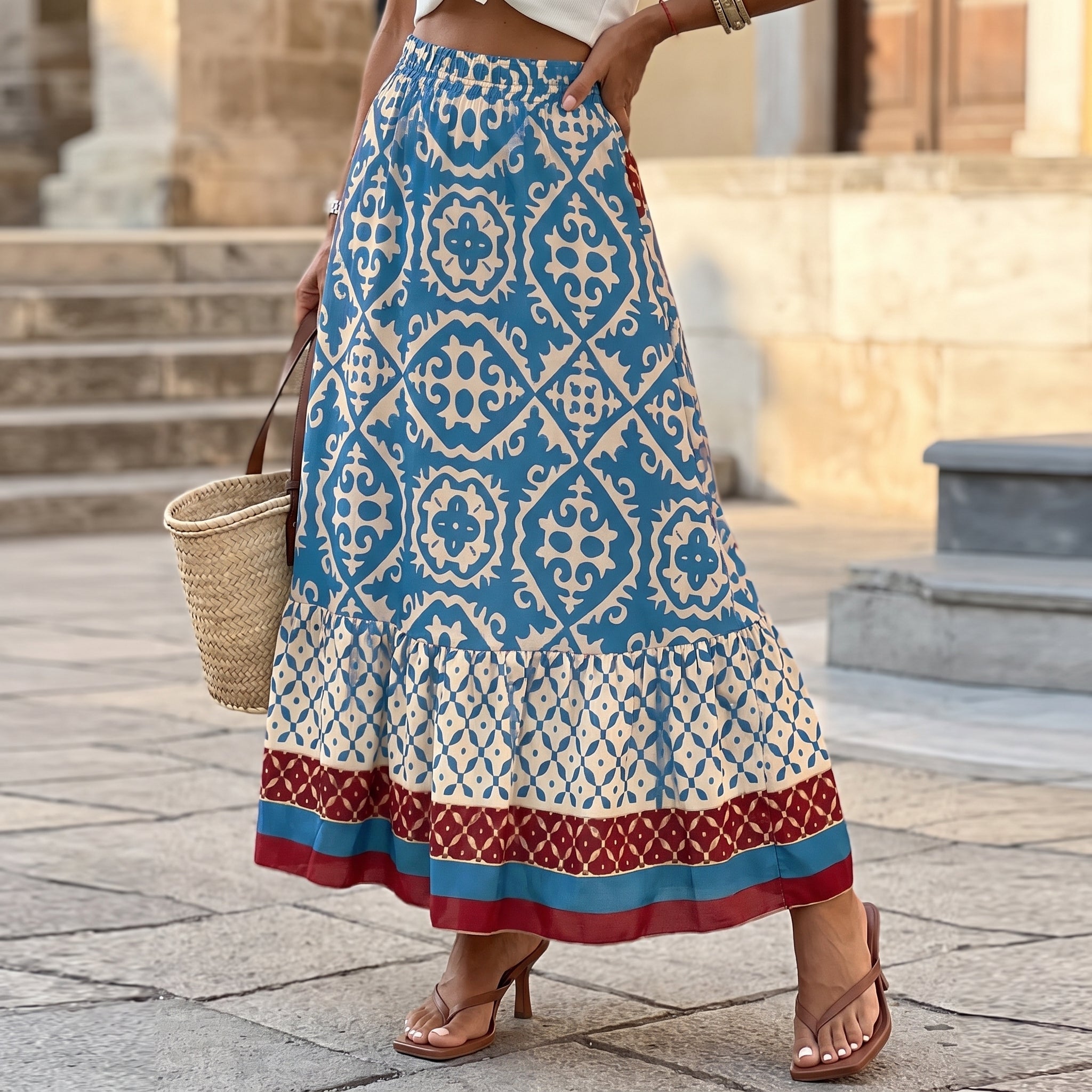 Beatrice - Women's Summer Boho Geometric Print Maxi Skirt - Maxi Skirts - Blue - Davies & Cooper