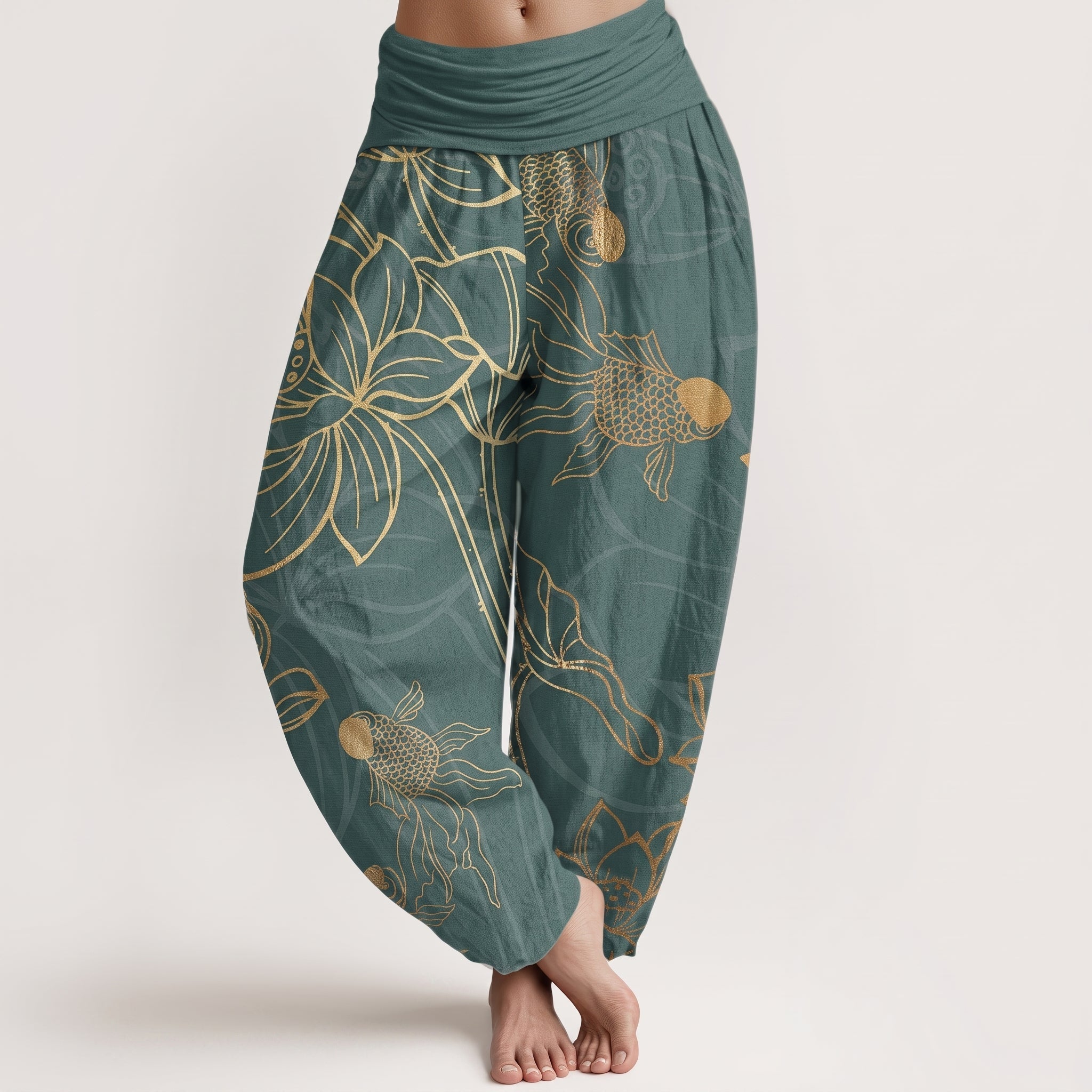 Beatrice - Women's Summer Printed Tapered Cuffed Trousers - Pants & Trousers - Dark Green - Davies & Cooper