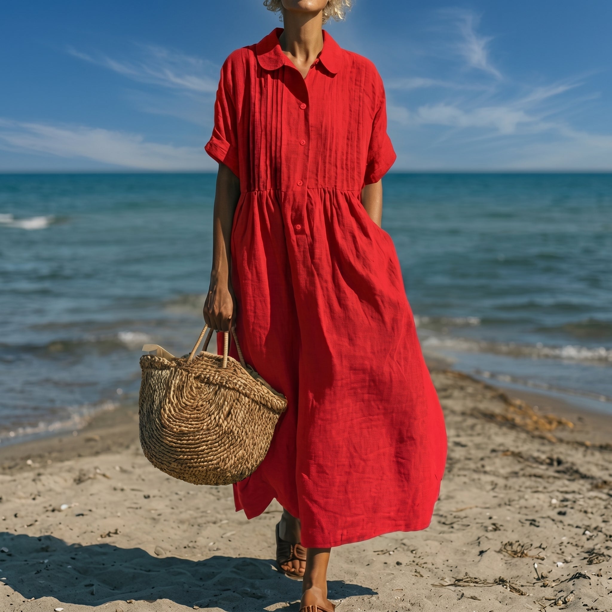 Brigitte - Women's Summer Pintuck Collared Midi Shirt Dress - Dresses - Red - Davies & Cooper