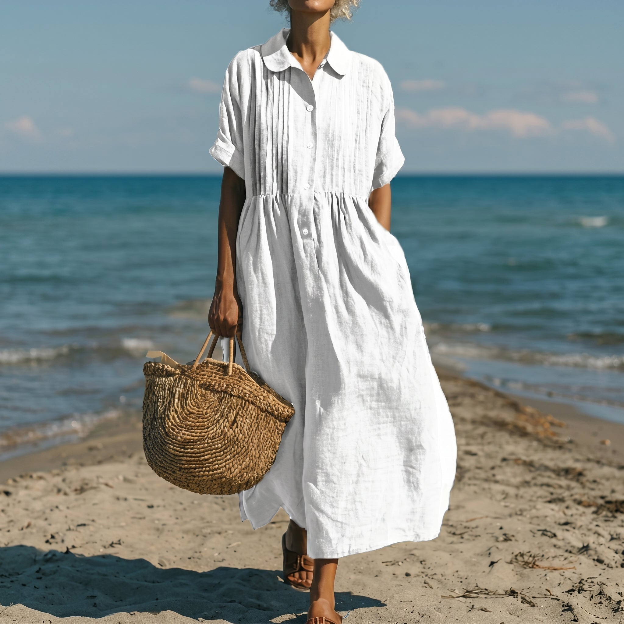 Brigitte - Women's Summer Pintuck Collared Midi Shirt Dress - Dresses - White - Davies & Cooper
