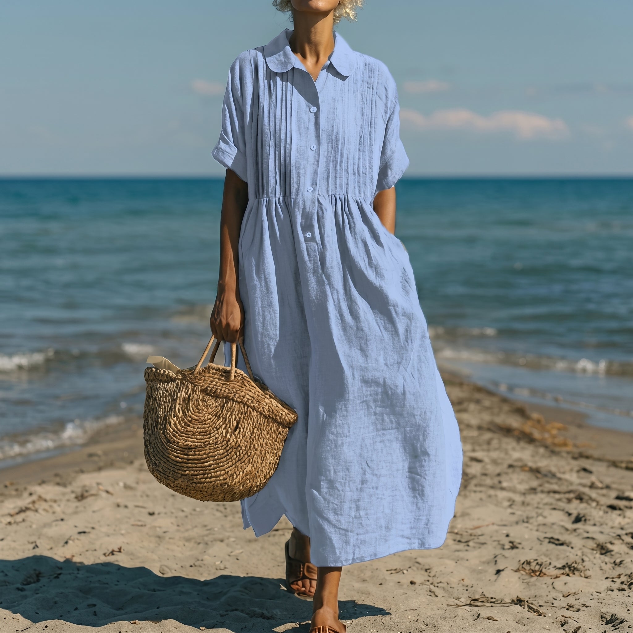 Brigitte - Women's Summer Pintuck Collared Midi Shirt Dress - Dresses - Light Blue - Davies & Cooper