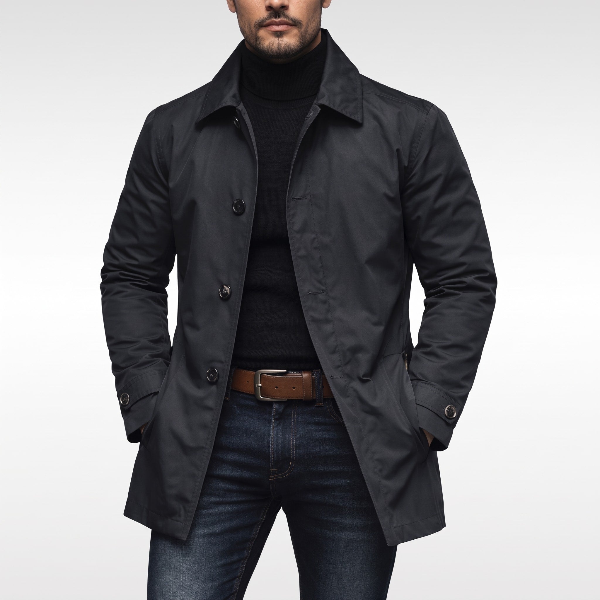 James - Men's Longline Mac Coat with Point Collar and Button Front