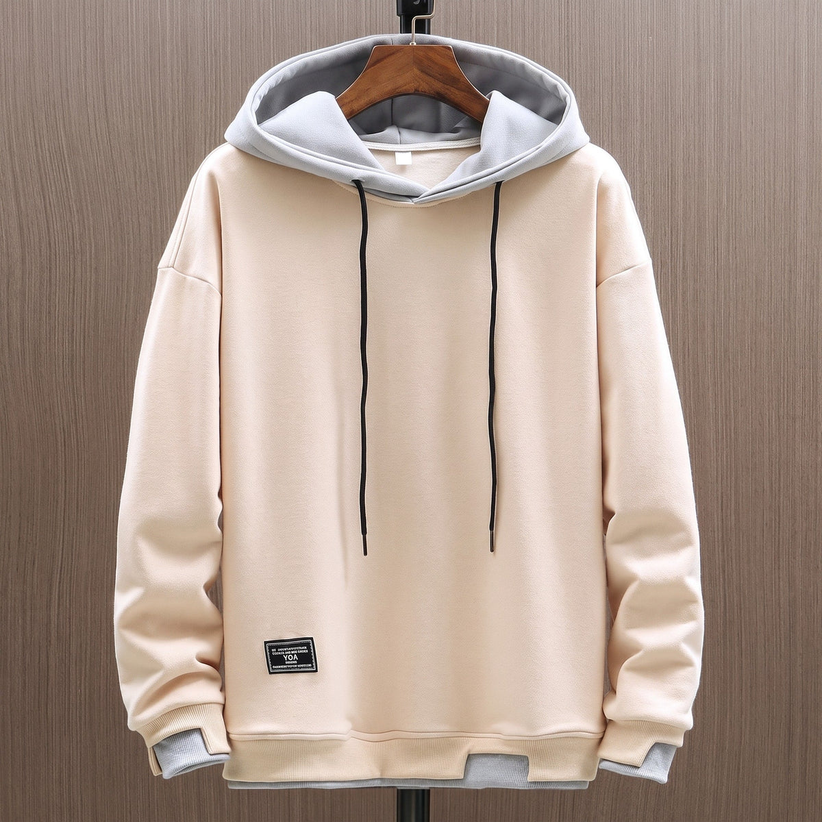 Callum - Men's Colour-Block Drawstring Hoodie with Contrast Hood - Hoodies - Beige - Davies & Cooper