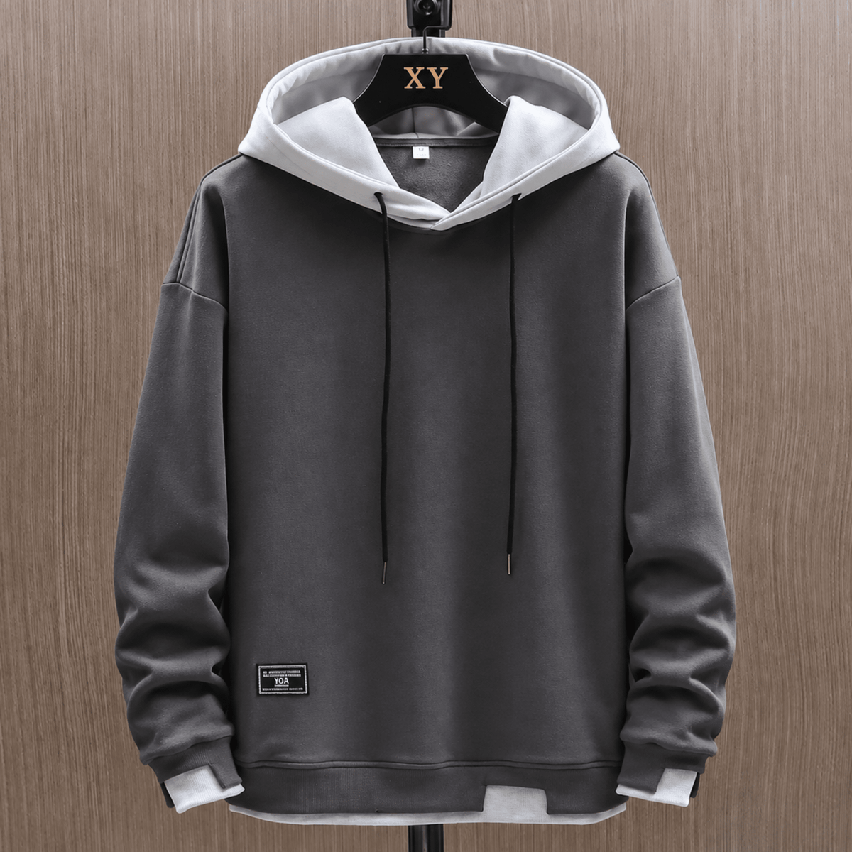 Callum - Men's Colour-Block Drawstring Hoodie with Contrast Hood - Hoodies - Grey - Davies & Cooper