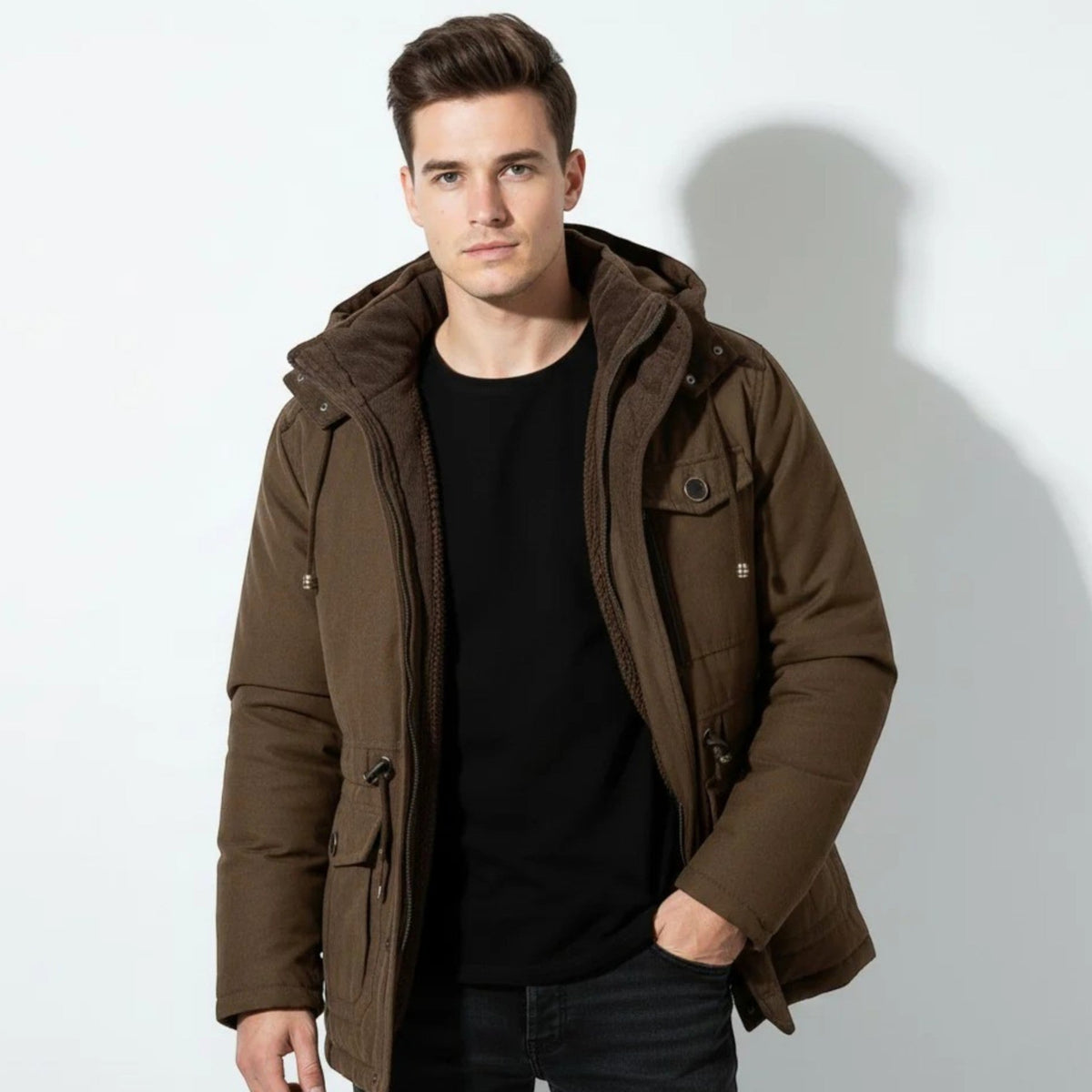 Callum – Men's Hooded Winter Parka with Multiple Pockets - Winter Jacket - Brown - Davies & Cooper