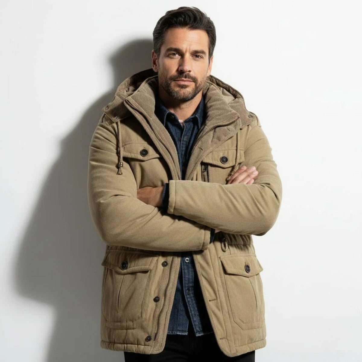Callum – Men's Hooded Winter Parka with Multiple Pockets - Winter Jacket - Khaki - Davies & Cooper