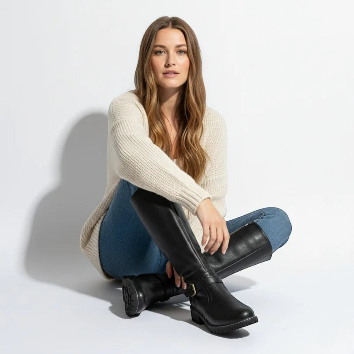 Camila – Women's Leather Knee-High Buckle Boots - Leather Boots - Black - Davies & Cooper