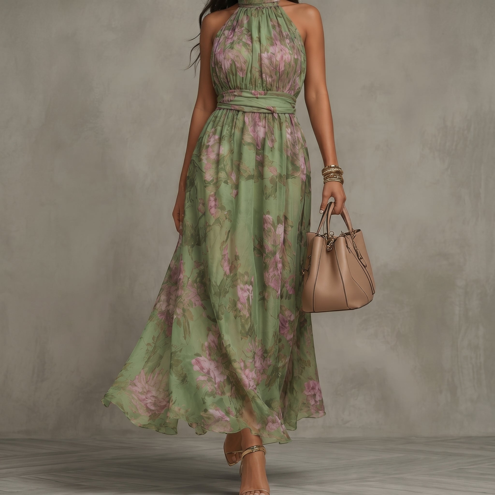 Celine - Women's Wedding Guest Vintage Floral Maxi Dress - Dresses - Olive Green - Davies & Cooper