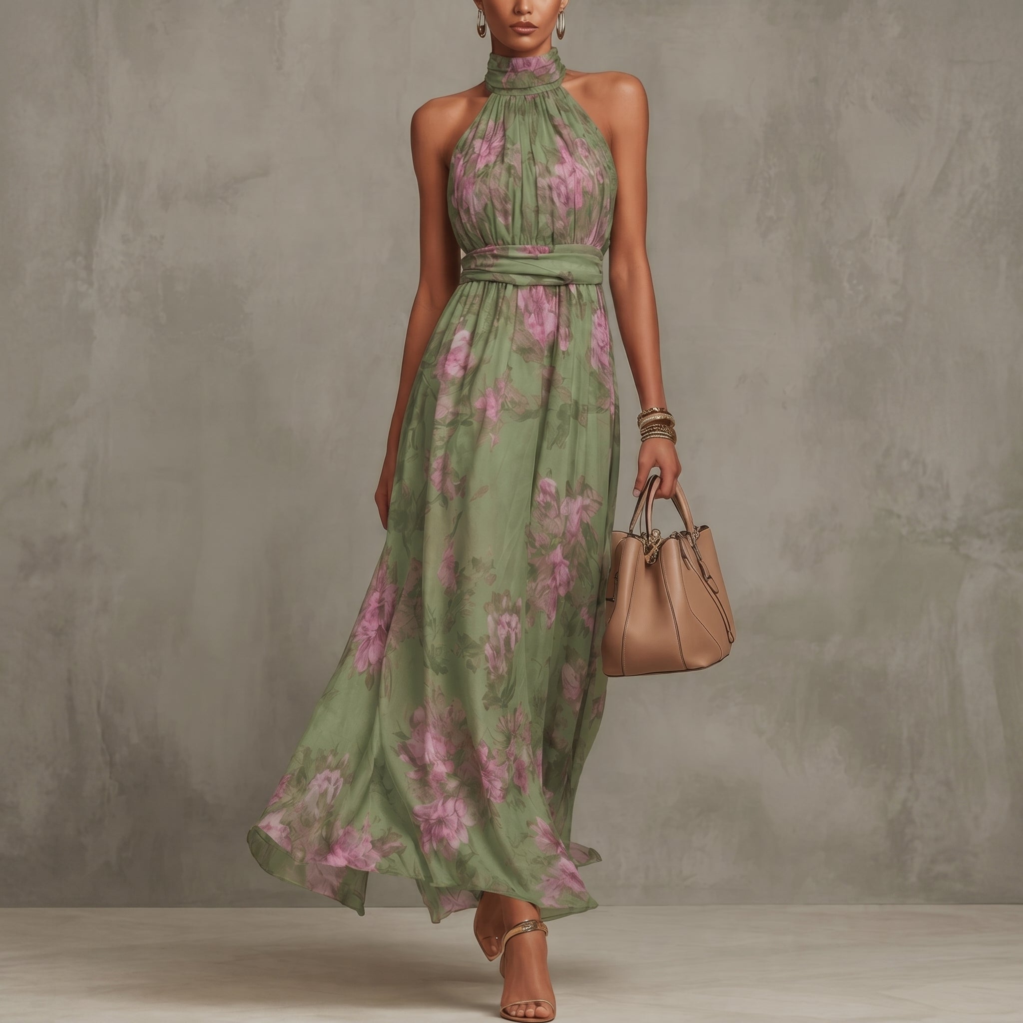 Celine - Women's Wedding Guest Vintage Floral Maxi Dress - Dresses - Olive Green - Davies & Cooper