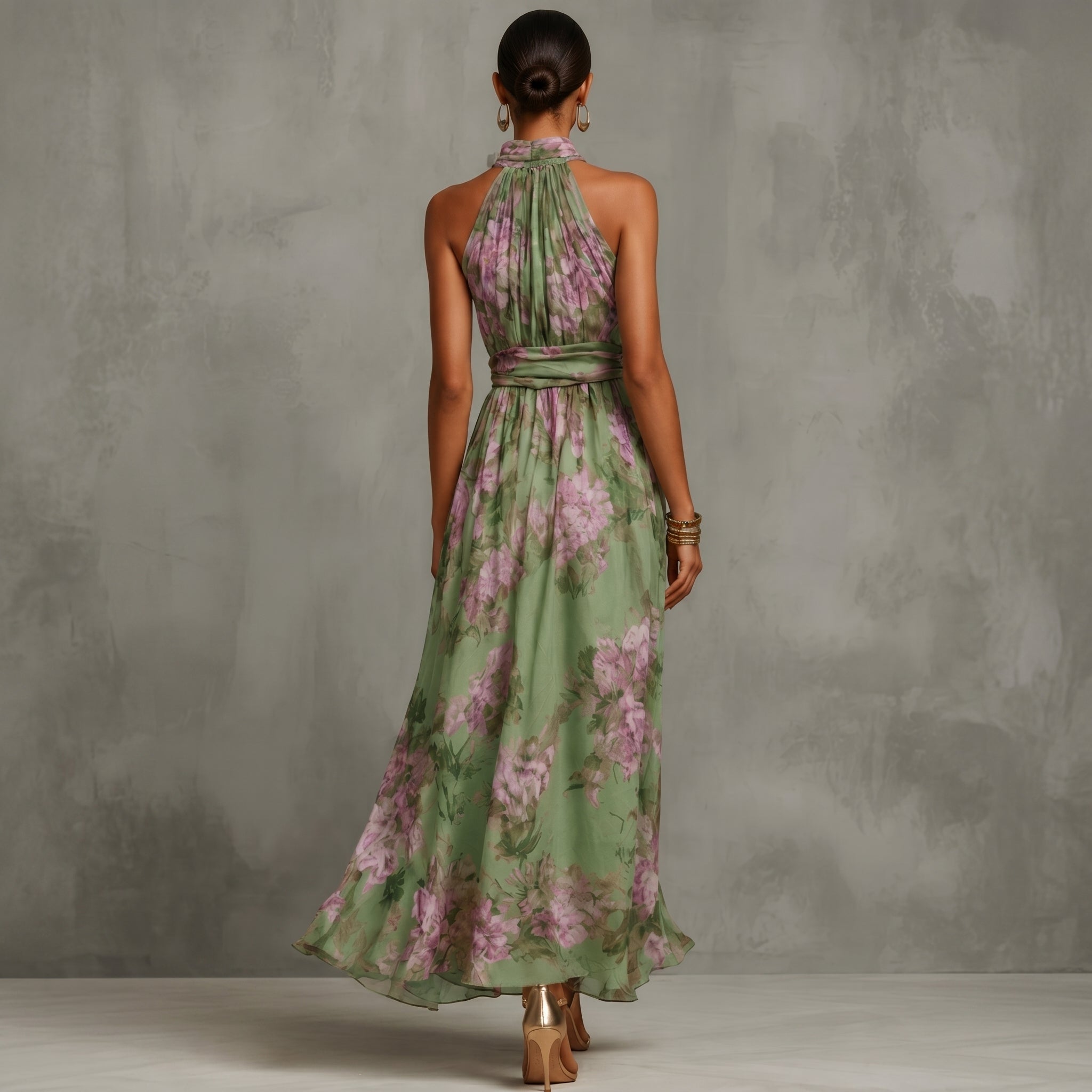 Celine - Women's Wedding Guest Vintage Floral Maxi Dress - Dresses - Olive Green - Davies & Cooper
