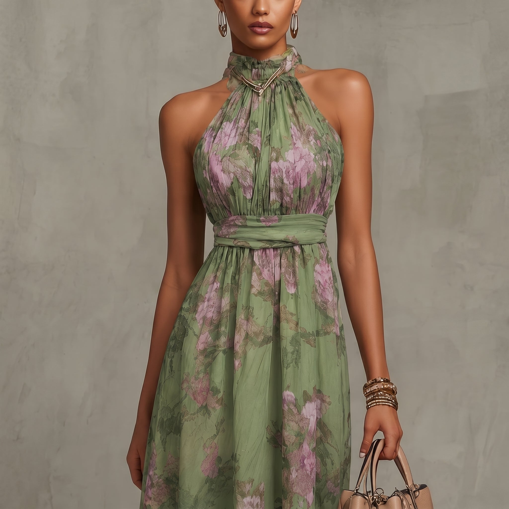 Celine - Women's Wedding Guest Vintage Floral Maxi Dress - Dresses - Olive Green - Davies & Cooper