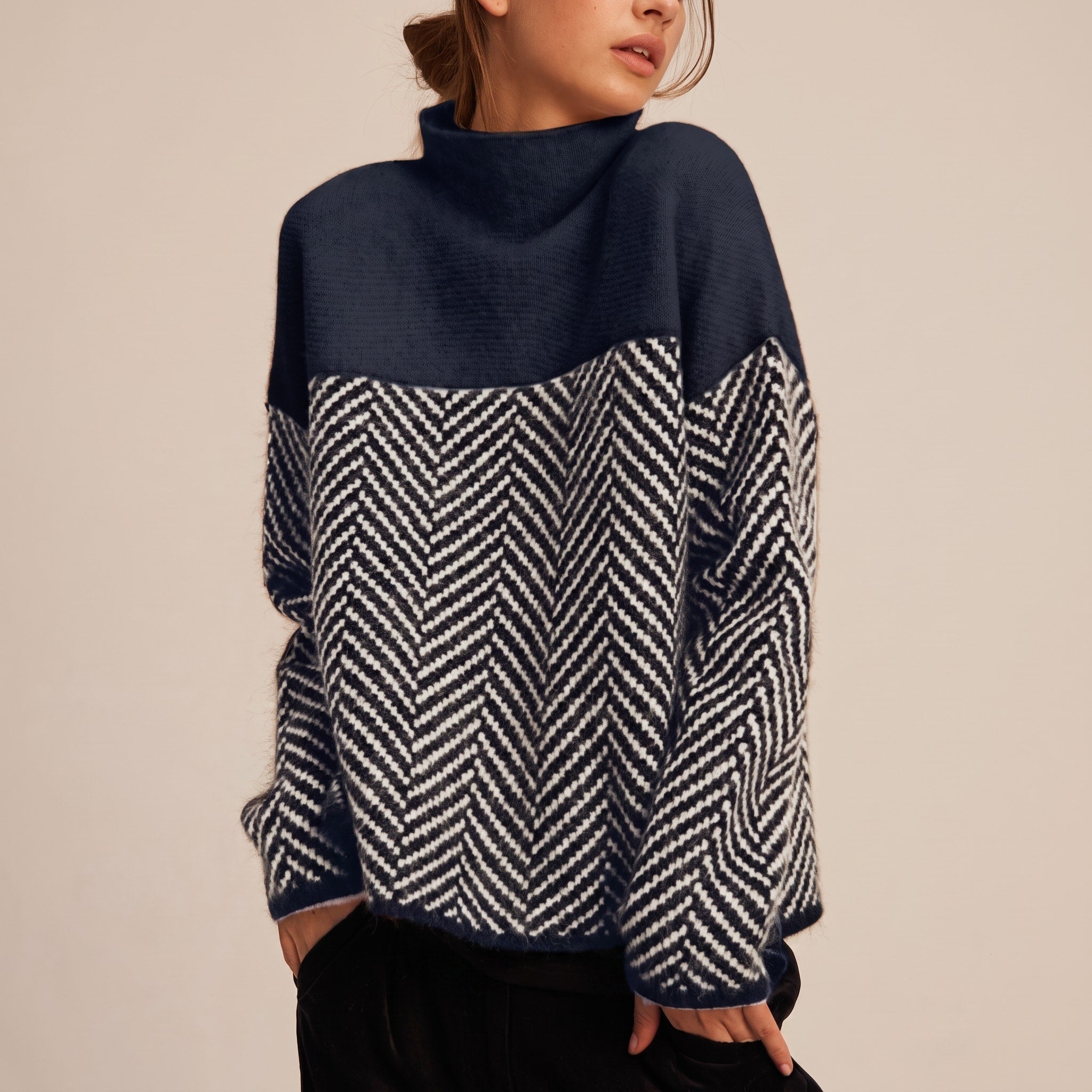 Charlotte - Women's Chevron Turtleneck Jumper with Colour-Block Funnel