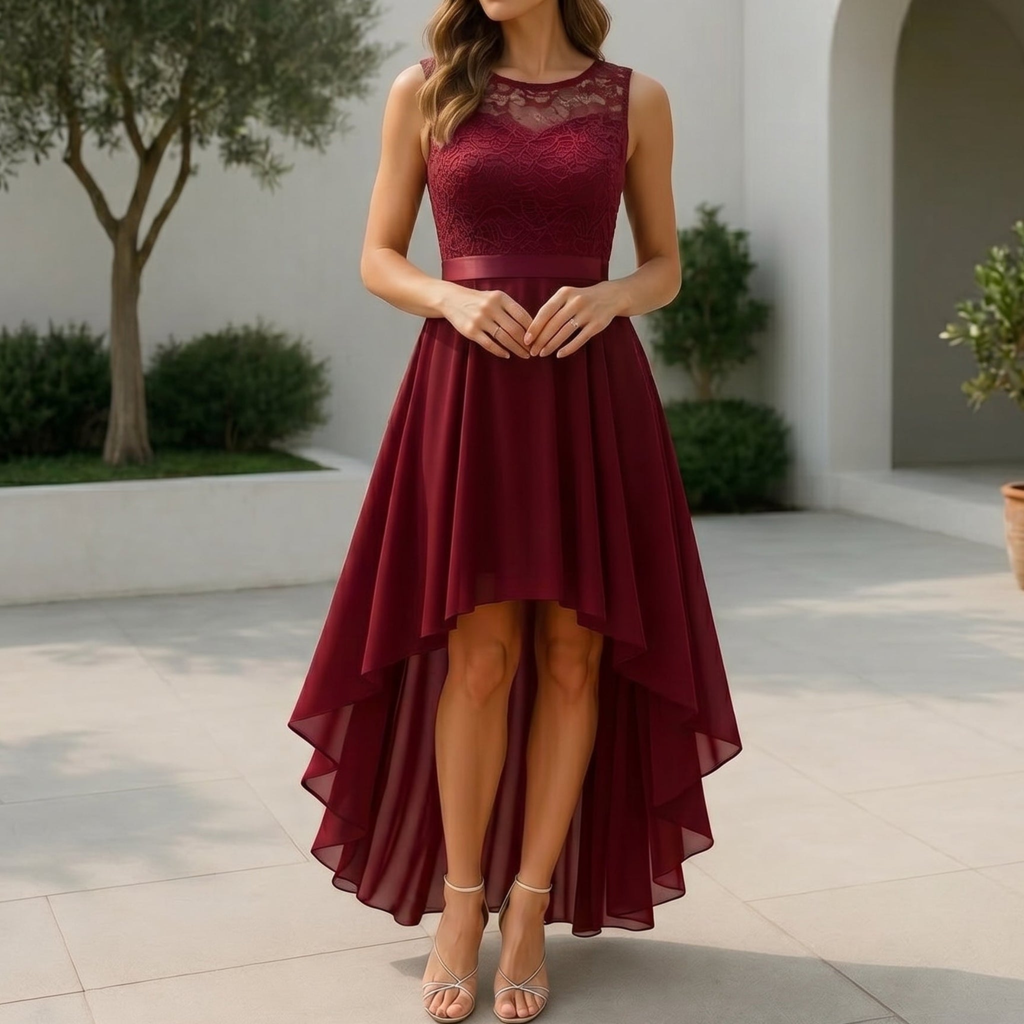Rosie - Women's Party Lace Bodice High-Low Midi Dress