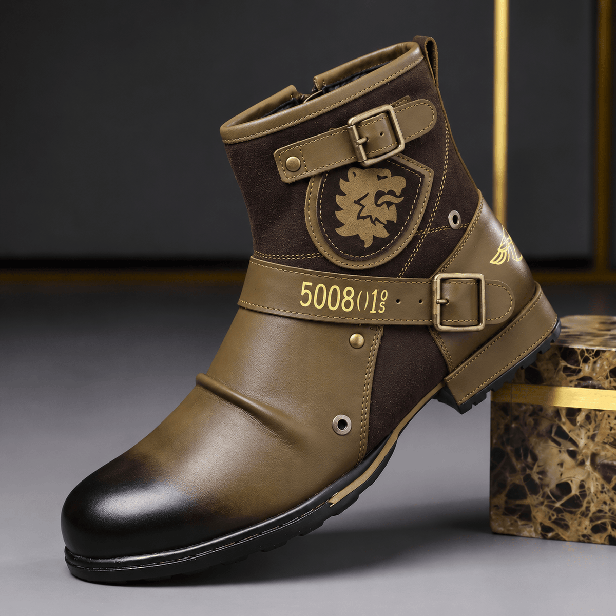 Charles - Men's Buckle Strap Ankle Boots with Shield Emblem Detail - Boots - Light Brown - Davies & Cooper