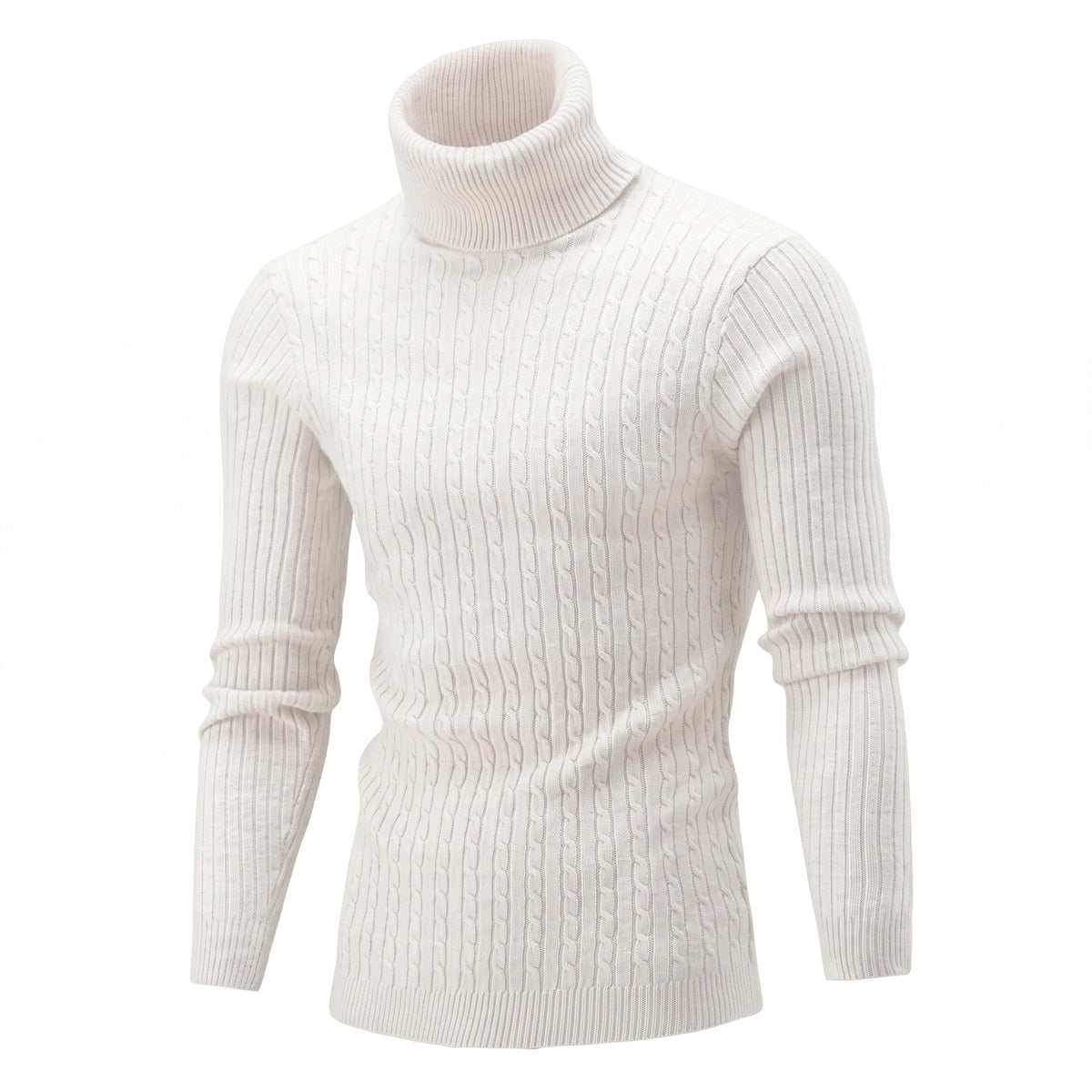 Charlie - Men's Cable Turtleneck Jumper with Ribbed Cuffs - Sweaters - White - Davies & Cooper
