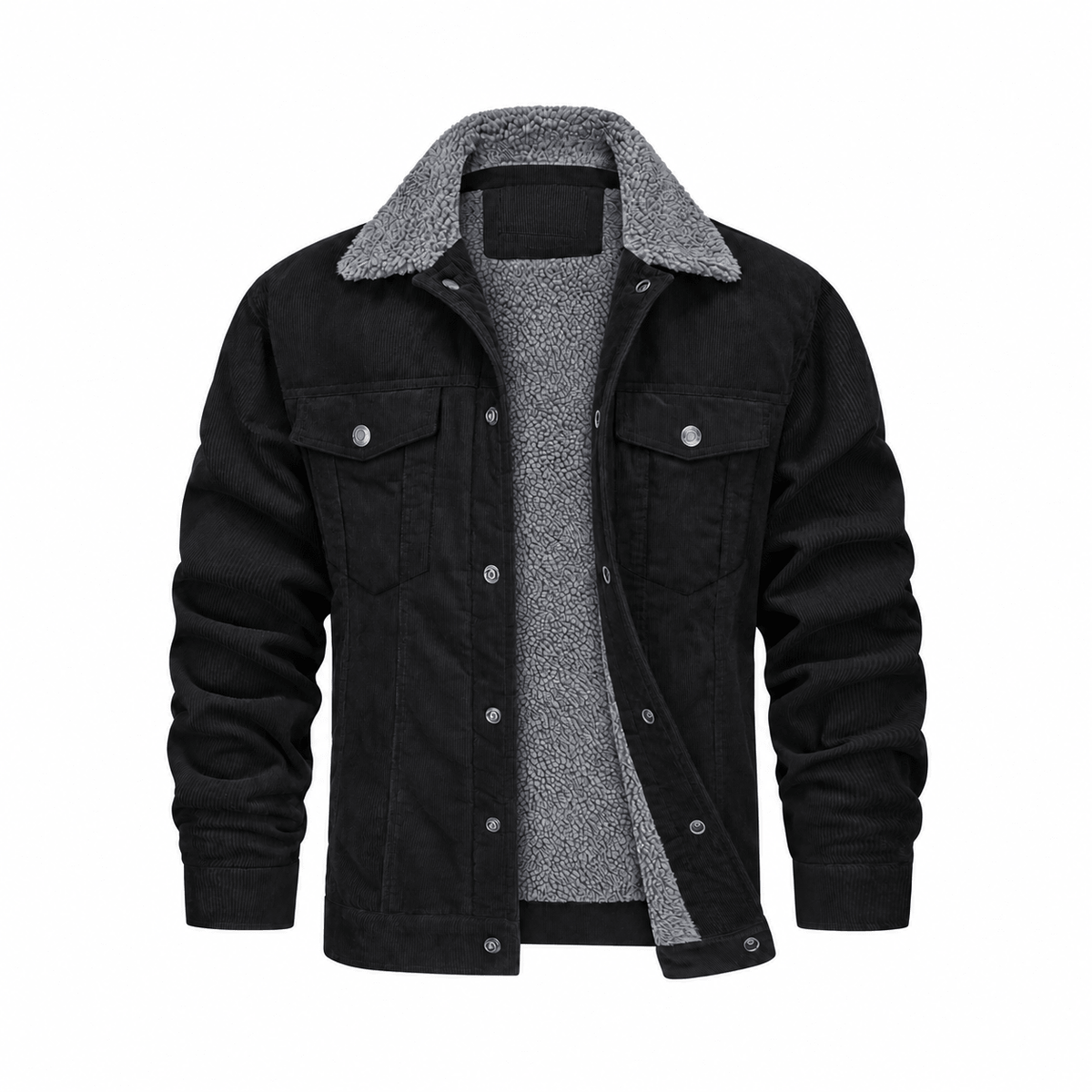 Charlie - Men's Corduroy Trucker Jacket with Cozy Collar and Chest Pockets - Trucker Jackets - Black / Grey - Davies & Cooper