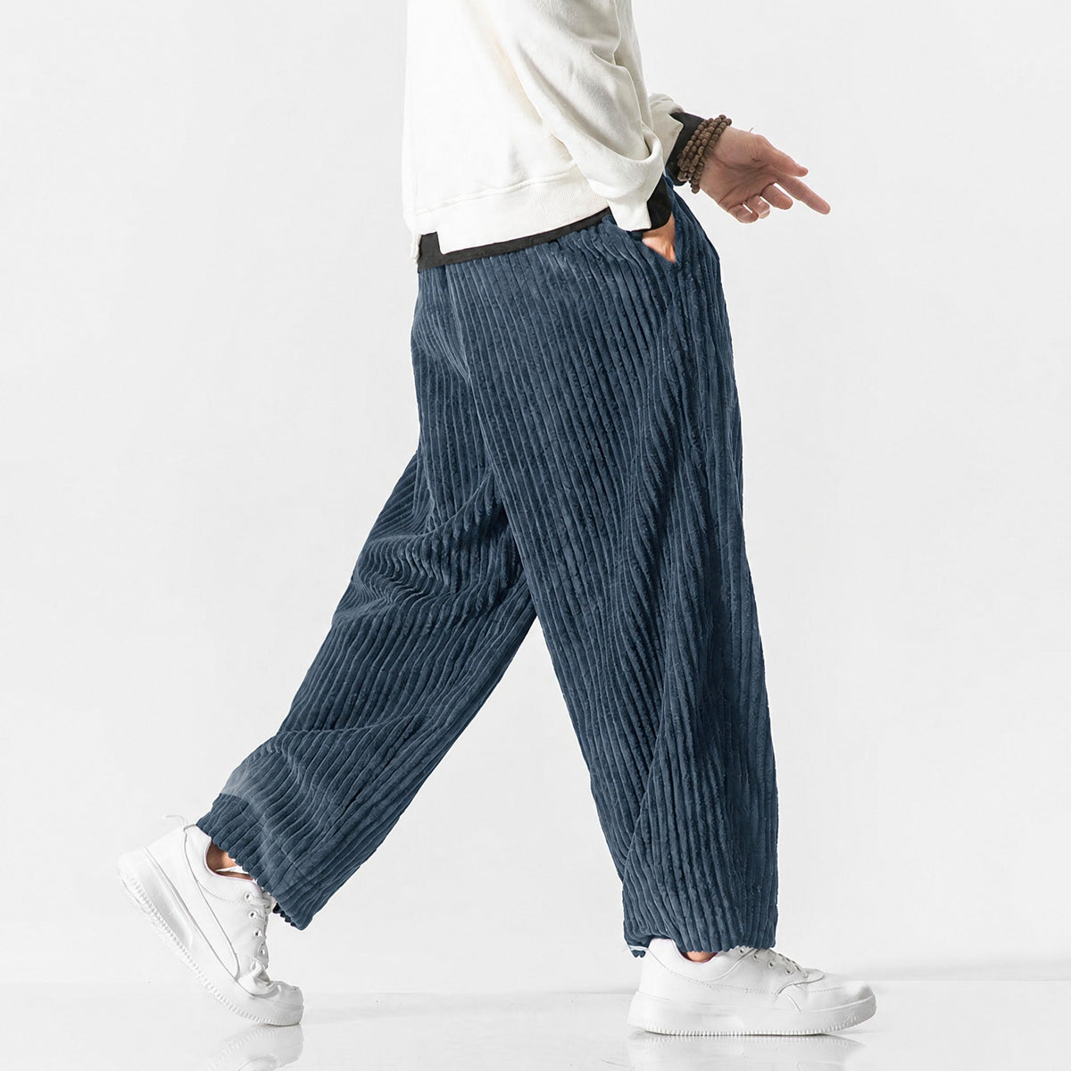 Charlie - Men's Corduroy Wide-Leg Harem Trousers with Drawstring Waist - Trousers - Dark Blue - Davies & Cooper