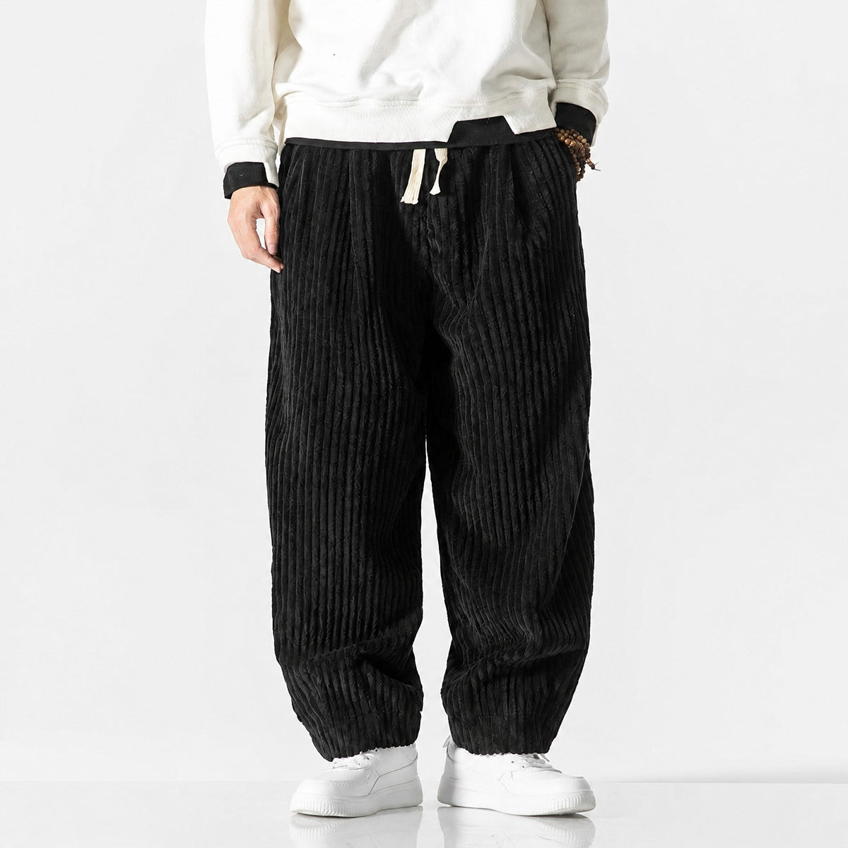 Charlie - Men's Corduroy Wide-Leg Harem Trousers with Drawstring Waist - Trousers - Black - Davies & Cooper