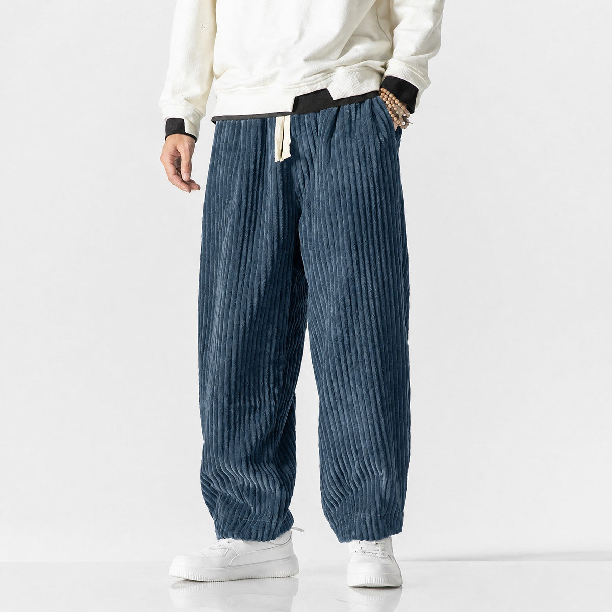 Charlie - Men's Corduroy Wide-Leg Harem Trousers with Drawstring Waist - Trousers - Dark Blue - Davies & Cooper