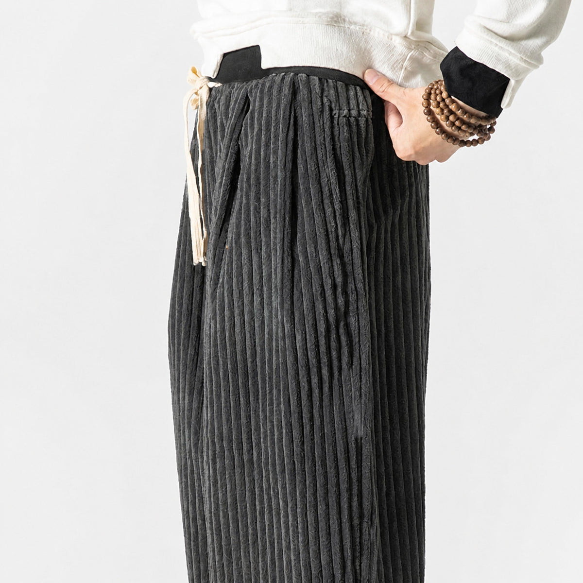 Charlie - Men's Corduroy Wide-Leg Harem Trousers with Drawstring Waist - Trousers - Grey - Davies & Cooper
