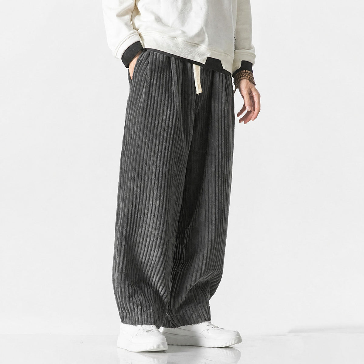 Charlie - Men's Corduroy Wide-Leg Harem Trousers with Drawstring Waist - Trousers - Grey - Davies & Cooper
