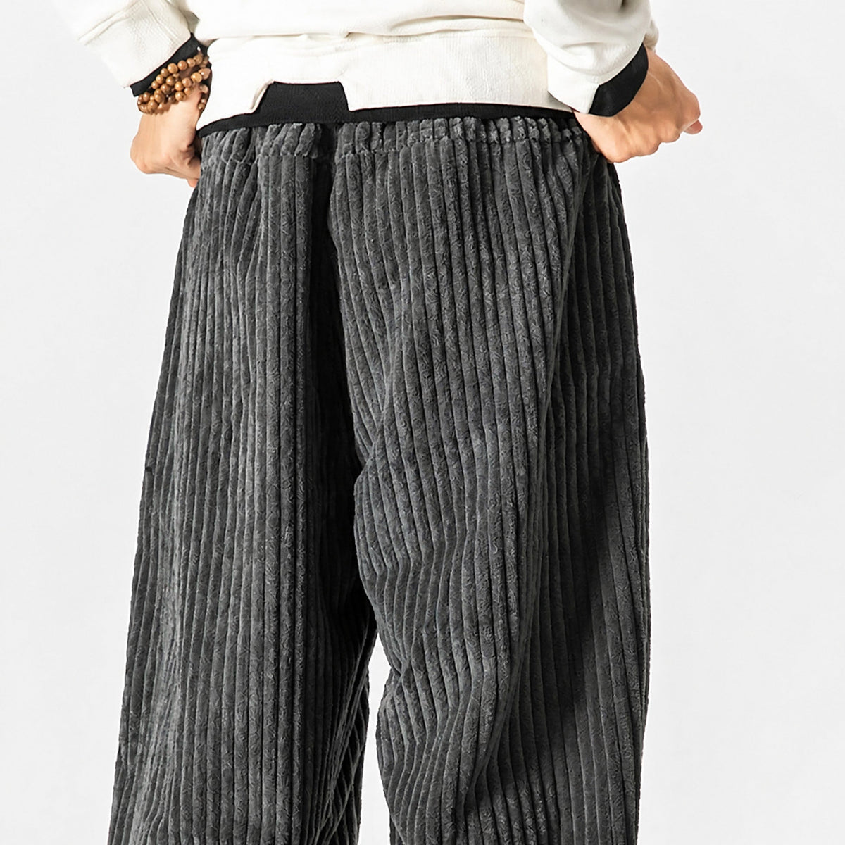 Charlie - Men's Corduroy Wide-Leg Harem Trousers with Drawstring Waist - Trousers - Grey - Davies & Cooper