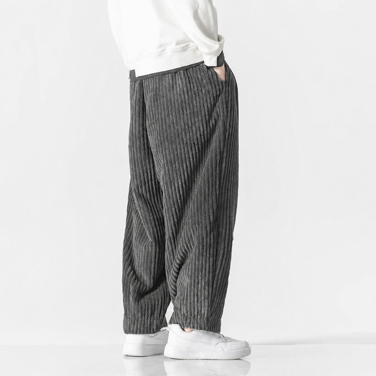 Charlie - Men's Corduroy Wide-Leg Harem Trousers with Drawstring Waist - Trousers - Grey - Davies & Cooper