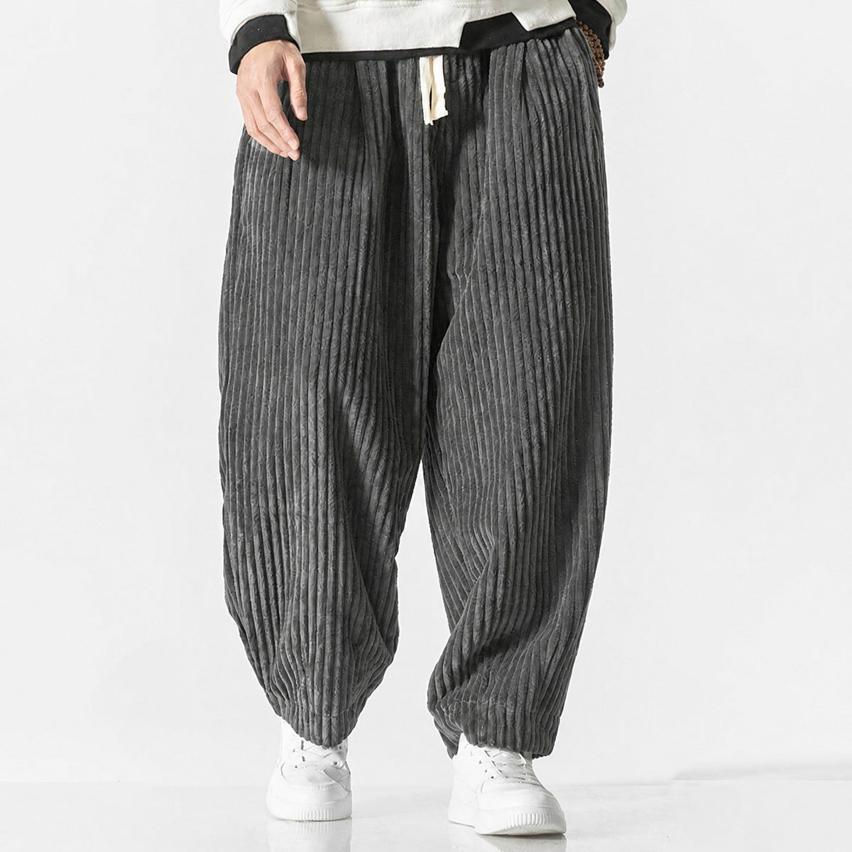 Charlie - Men's Corduroy Wide-Leg Harem Trousers with Drawstring Waist - Trousers - Grey - Davies & Cooper