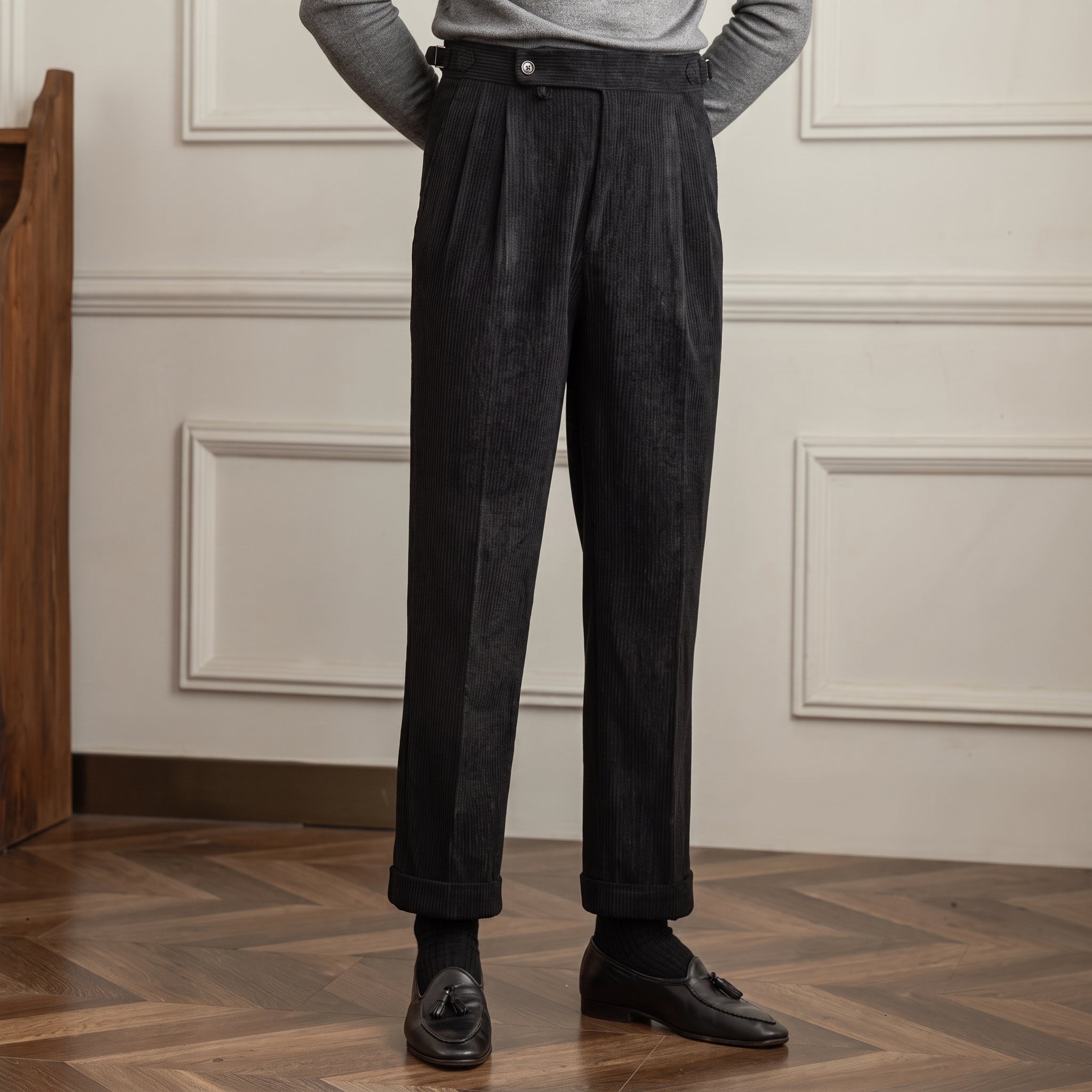Charlie - Men's High-Waisted Ribbed Texture Trousers - Trousers - Black - Davies & Cooper