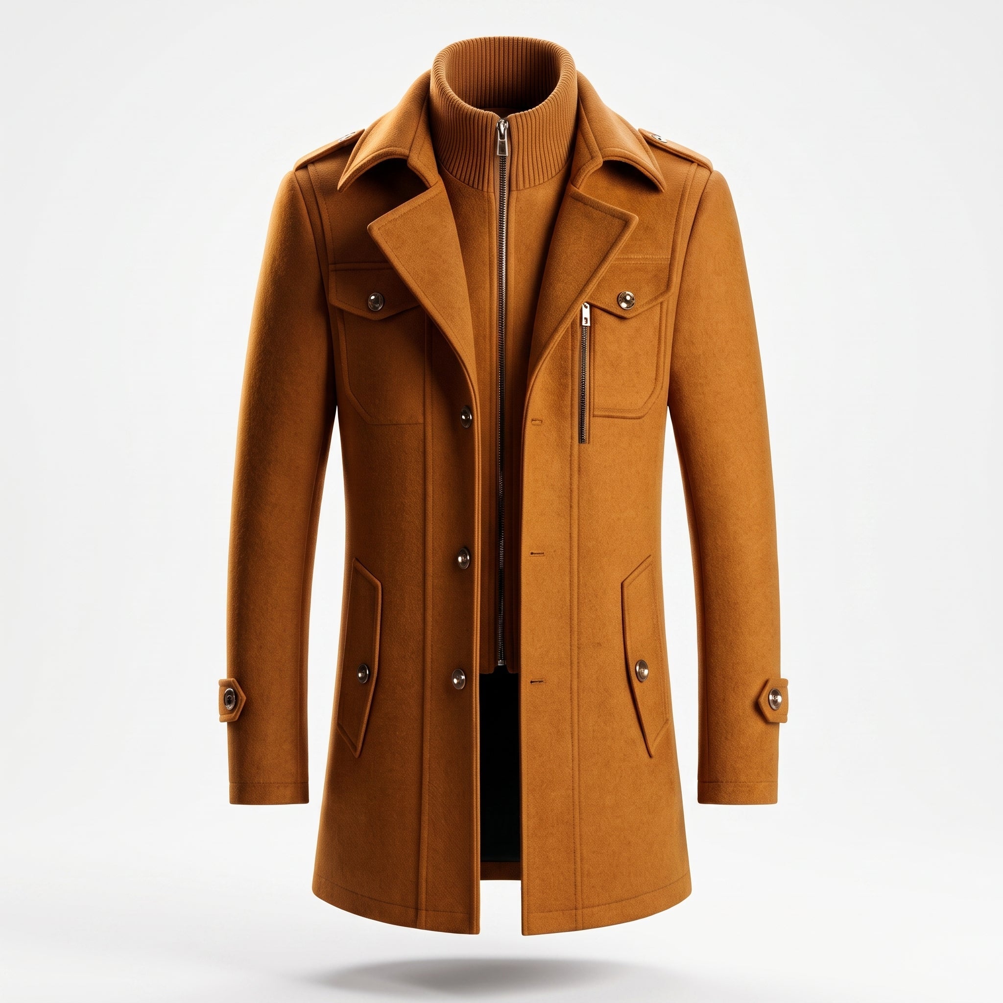 Charlie - Men's Longline Wool-Look Trench Coat with Zip Collar - Overcoats - Camel - Davies & Cooper