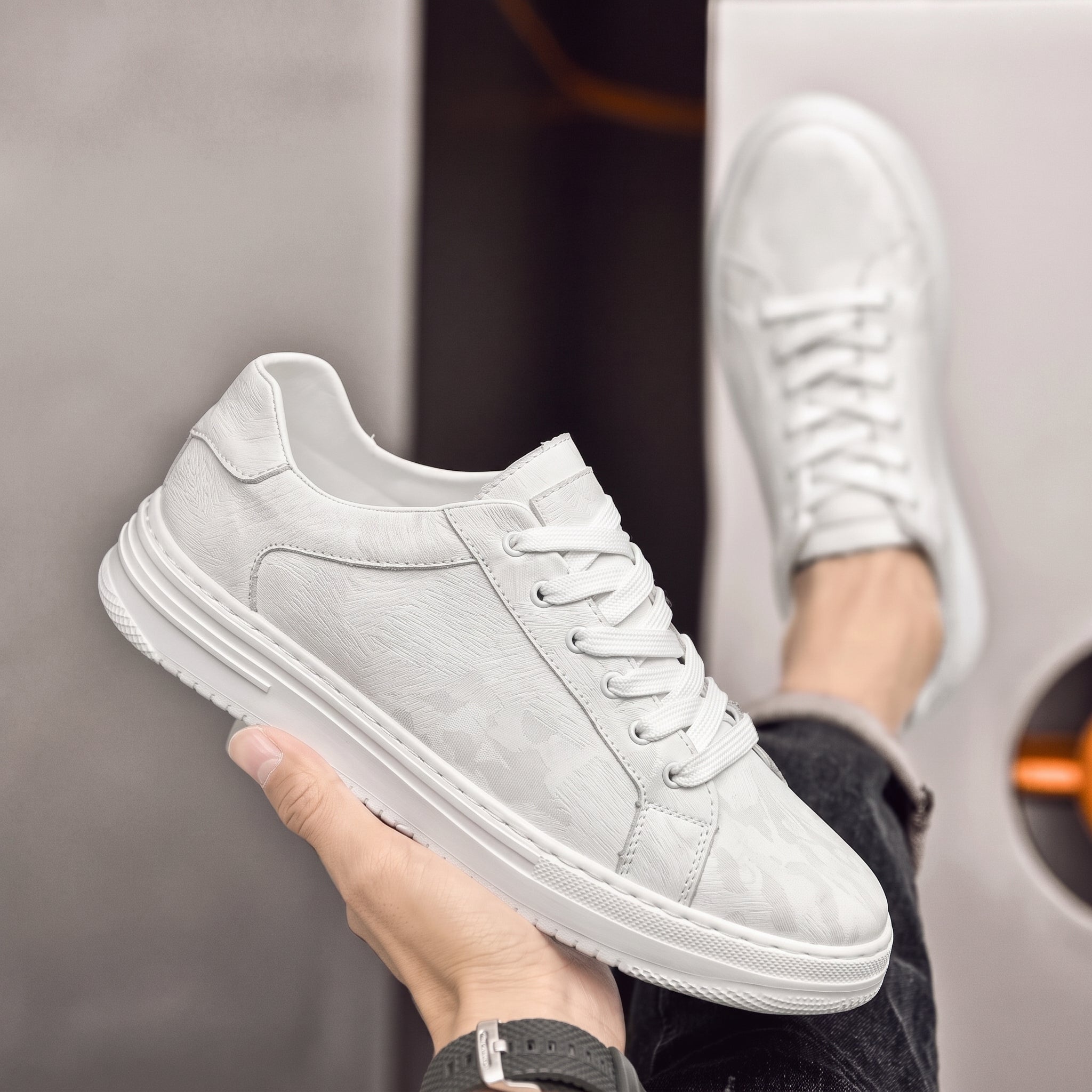 Charlie - Men's Low-Top Lace-Up Trainers with Textured Panel - Sneakers - White - Davies & Cooper