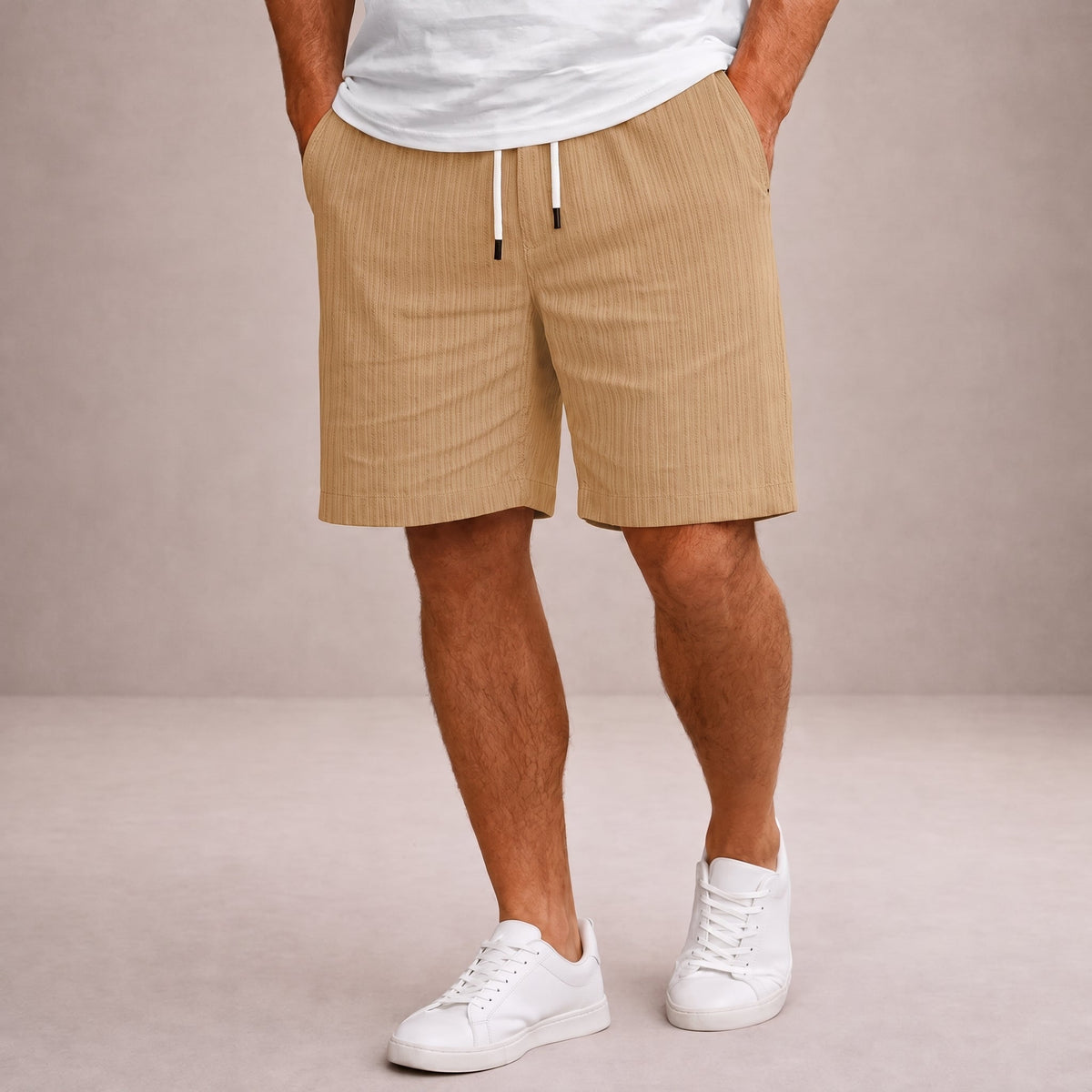 Charlie - Men's Relaxed Fit Drawstring Pinstripe Shorts - Chino Shorts - Khaki - Davies & Cooper