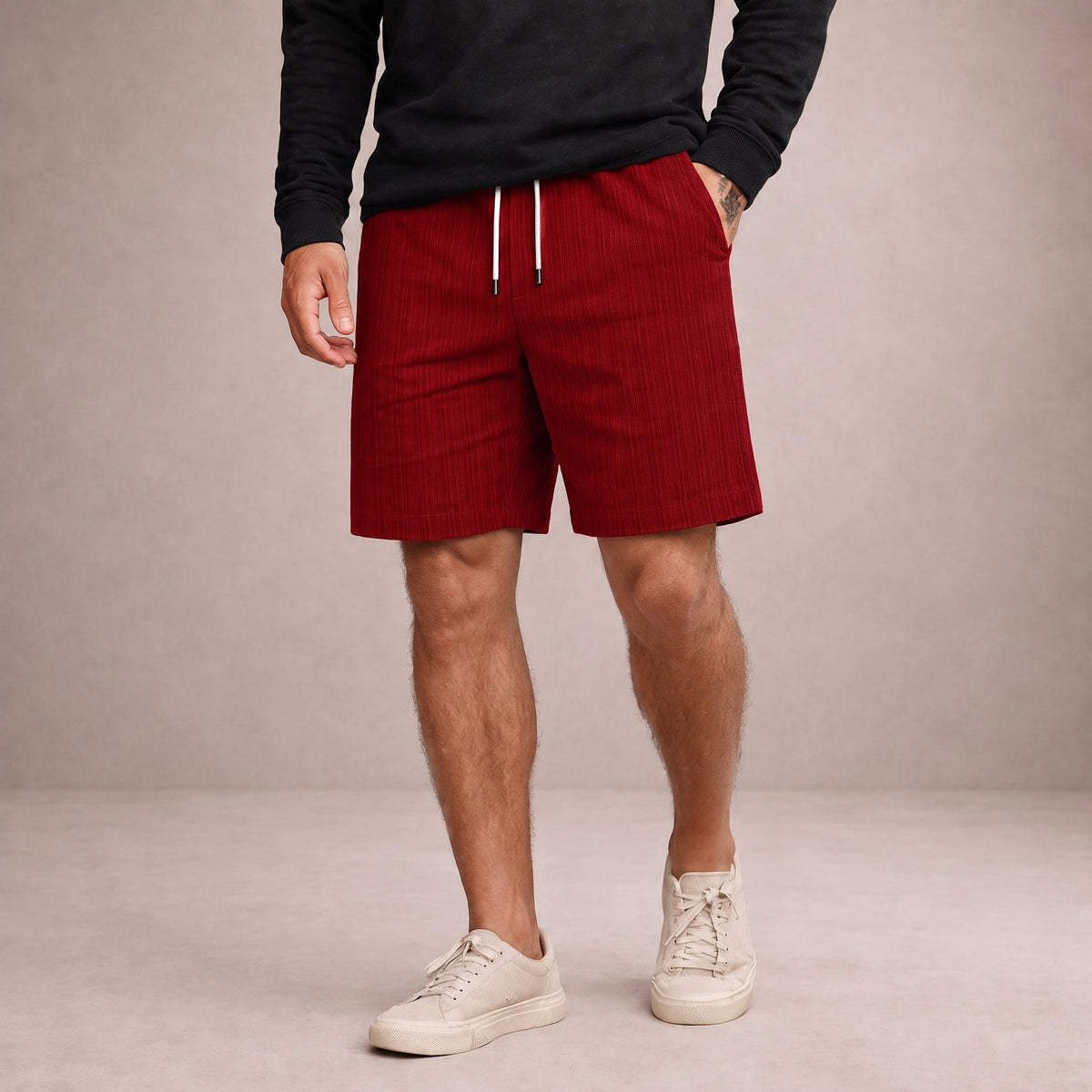 Charlie - Men's Relaxed Fit Drawstring Pinstripe Shorts - Chino Shorts - Red - Davies & Cooper