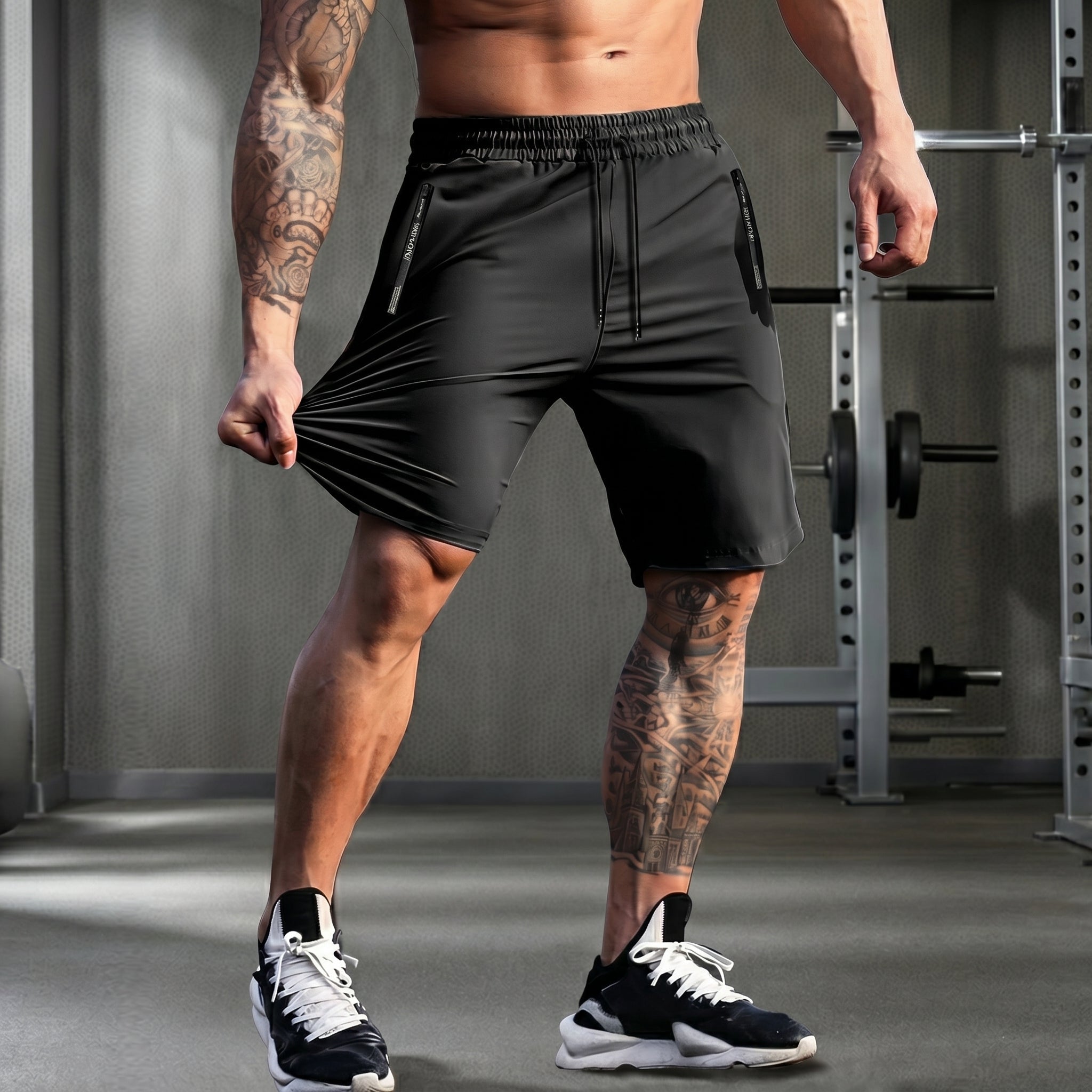 Charlie - Men's Relaxed Fit Drawstring Waist Zip Pocket Gym Shorts - Shorts - Black - Davies & Cooper