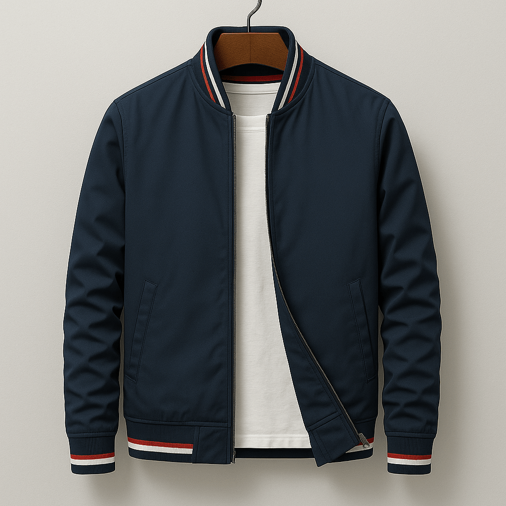Charlie - Men's Ribbed Trim Zip-Up Bomber Jacket - Bomber Jackets - Navy Blue - Davies & Cooper