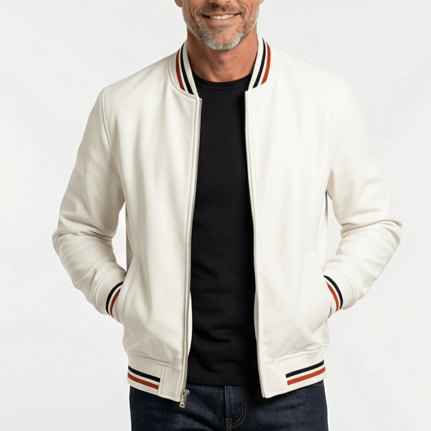 Charlie - Men's Ribbed Trim Zip-Up Bomber Jacket - Bomber Jackets - White - Davies & Cooper