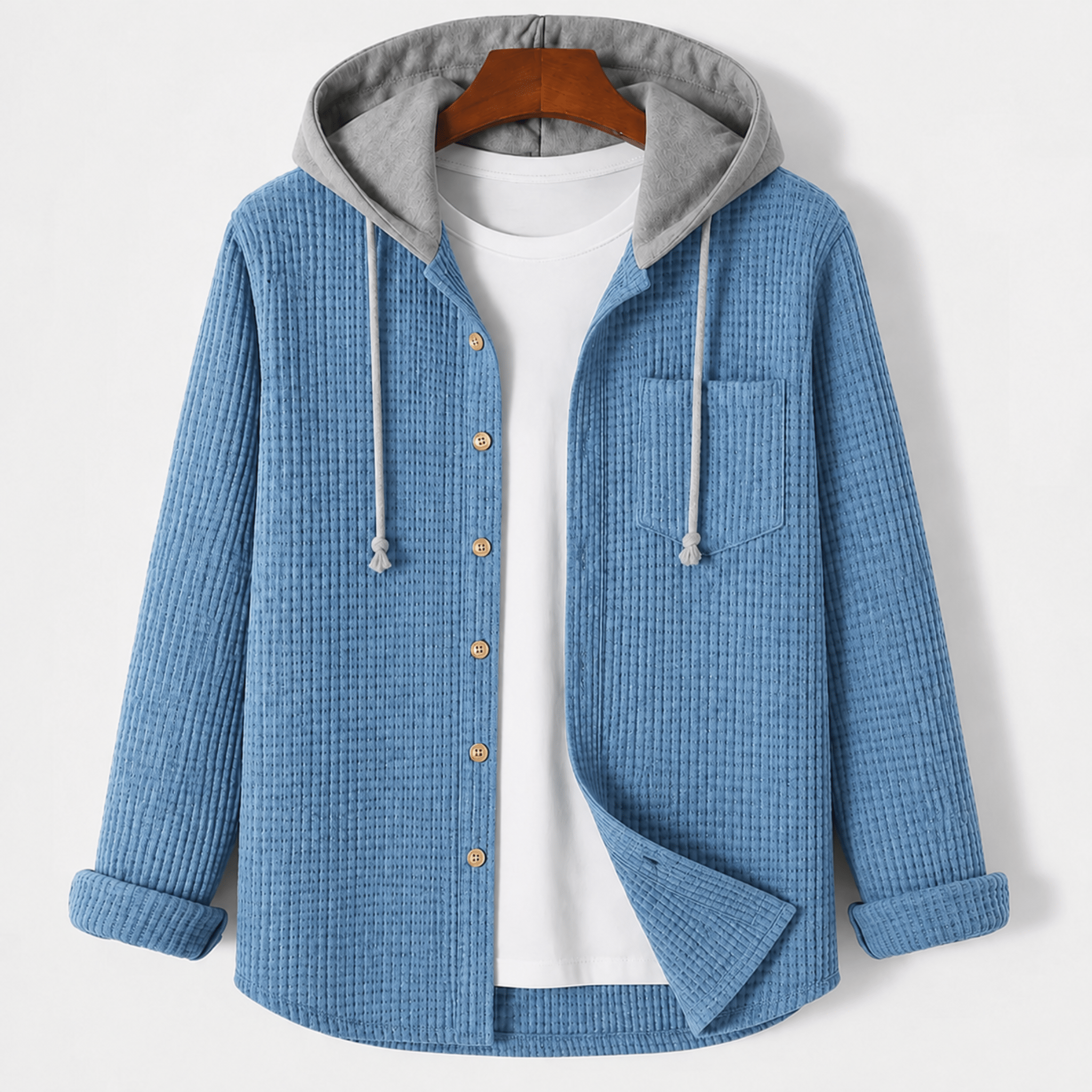 Charlie - Men's Ribber Hooded Overshirt Jacket with Button Front - Overshirts - Blue - Davies & Cooper