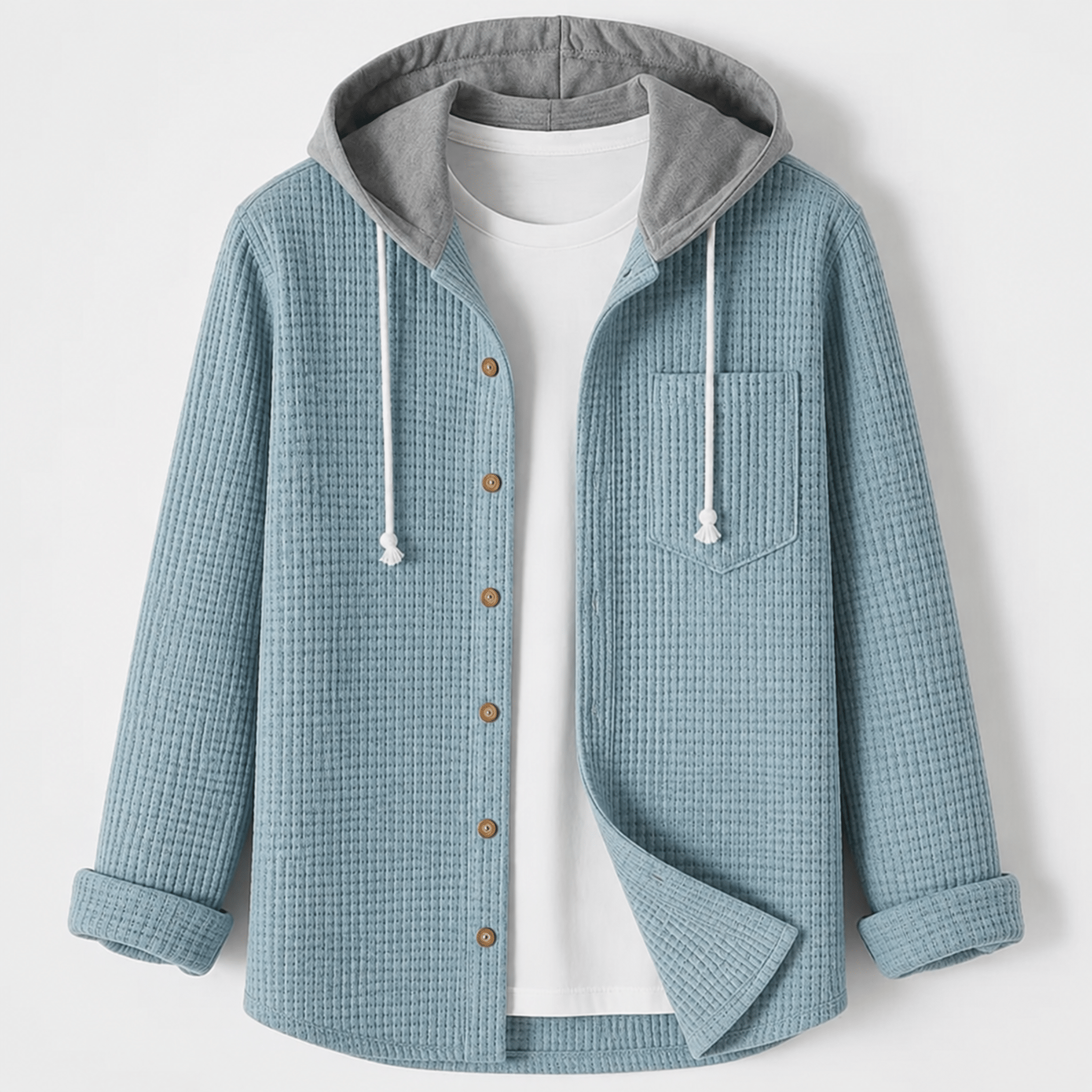 Charlie - Men's Ribber Hooded Overshirt Jacket with Button Front - Overshirts - Light Blue - Davies & Cooper