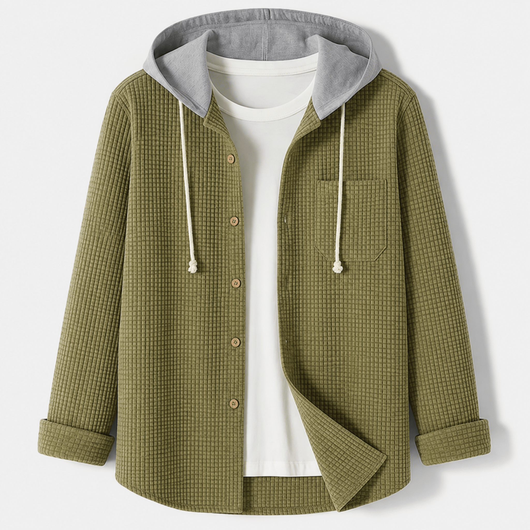 Charlie - Men's Ribber Hooded Overshirt Jacket with Button Front - Overshirts - Olive Green - Davies & Cooper