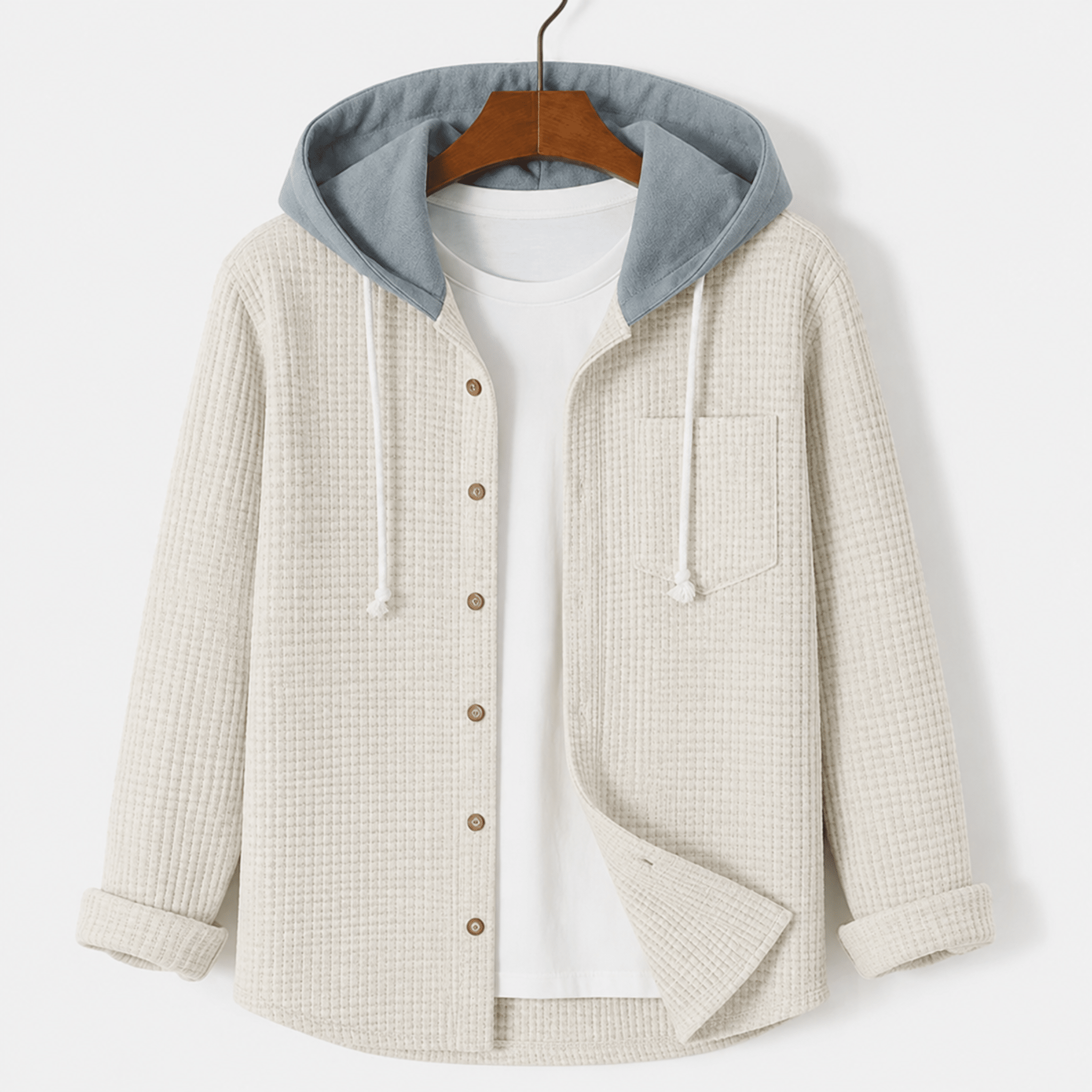 Charlie - Men's Ribber Hooded Overshirt Jacket with Button Front - Overshirts - Beige - Davies & Cooper